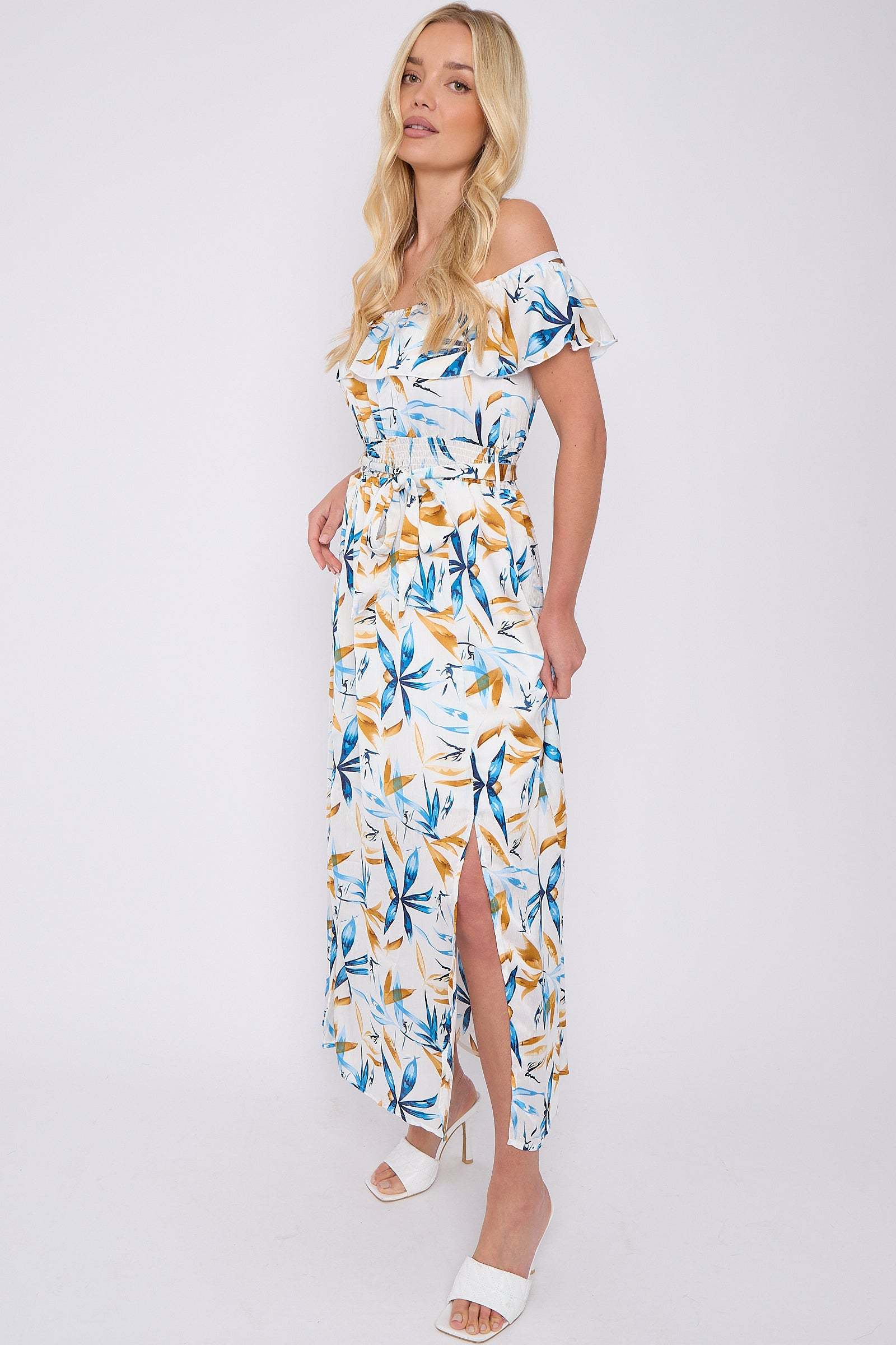 8Pcs Blue Mustard Floral Print Bardot Maxi Dress