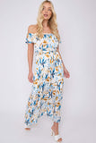 8Pcs Blue Mustard Floral Print Bardot Maxi Dress