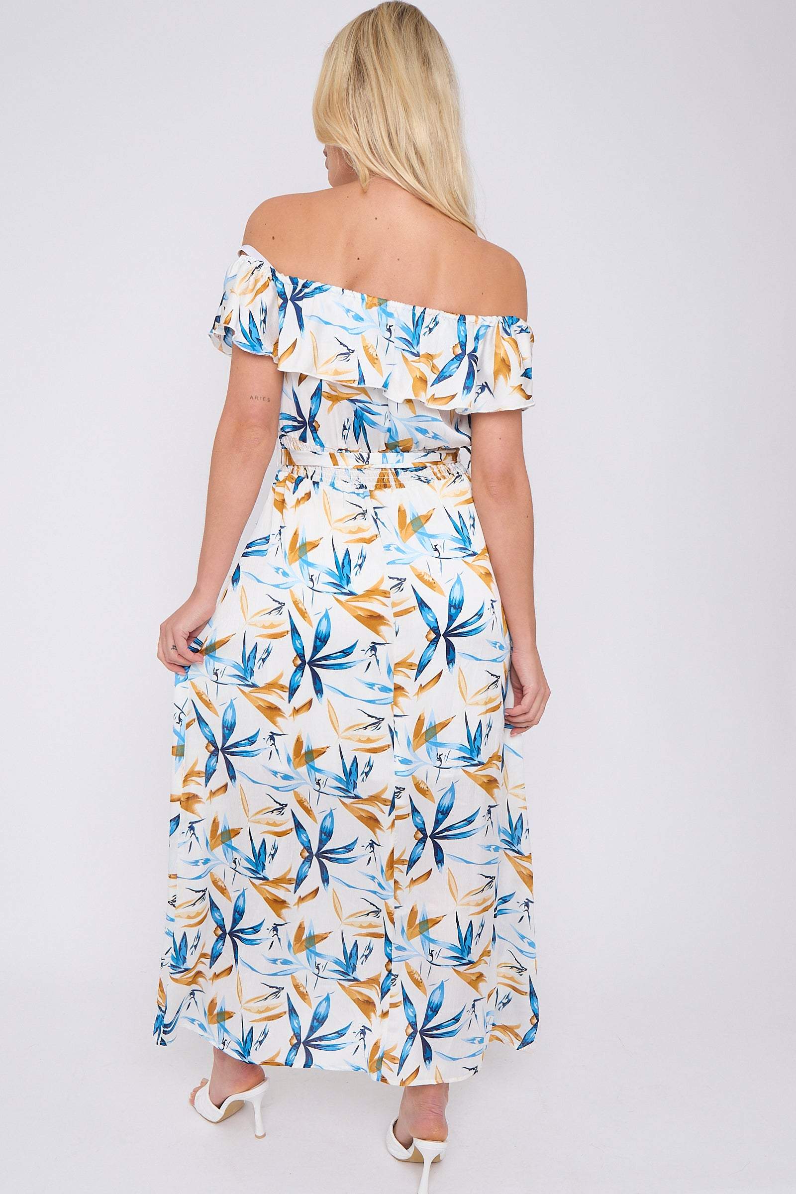 8Pcs Blue Mustard Floral Print Bardot Maxi Dress