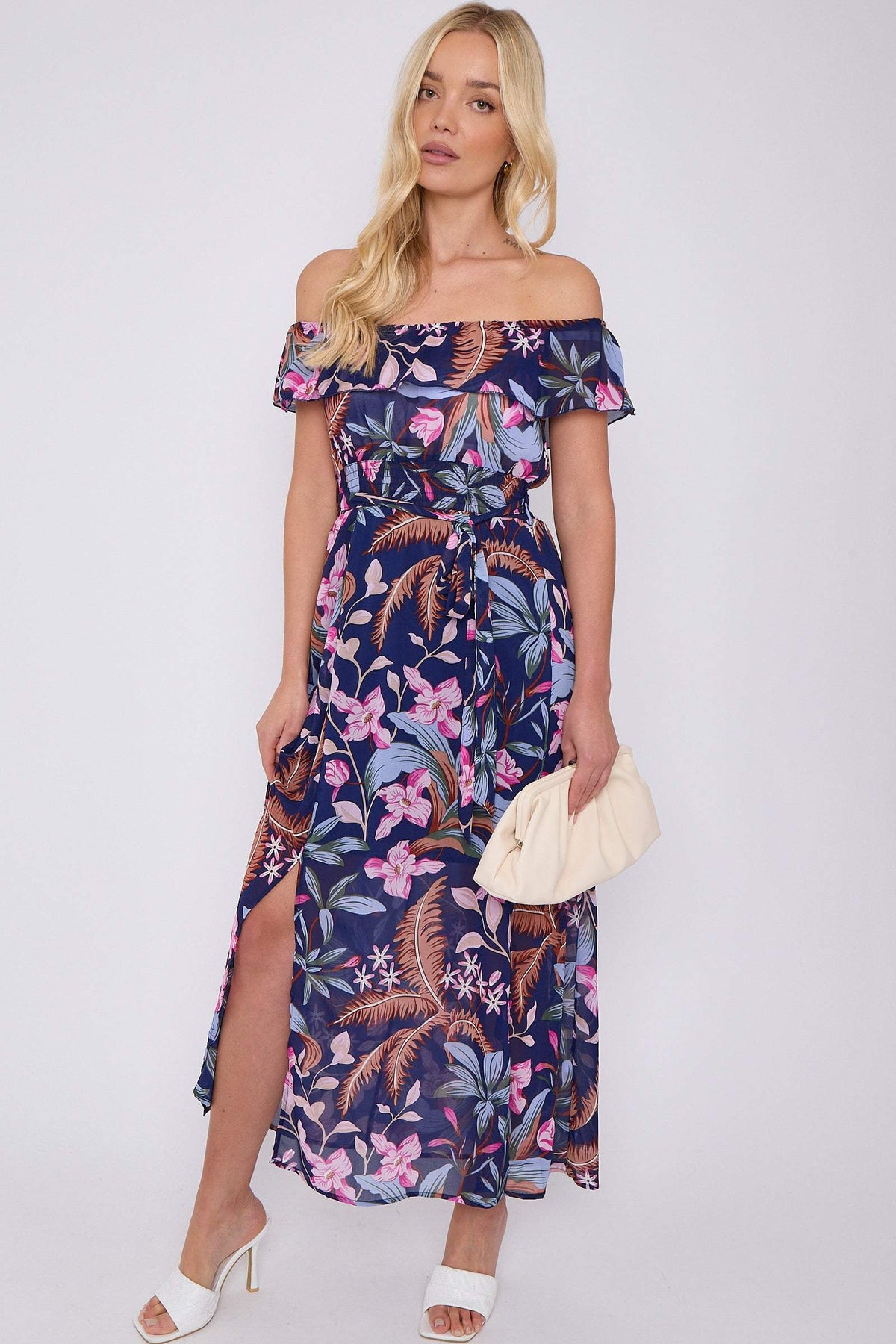8Pcs Navy Palm Leaf Print Chiffon Bardot Maxi Dress