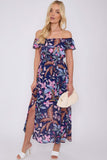 8Pcs Navy Palm Leaf Print Chiffon Bardot Maxi Dress