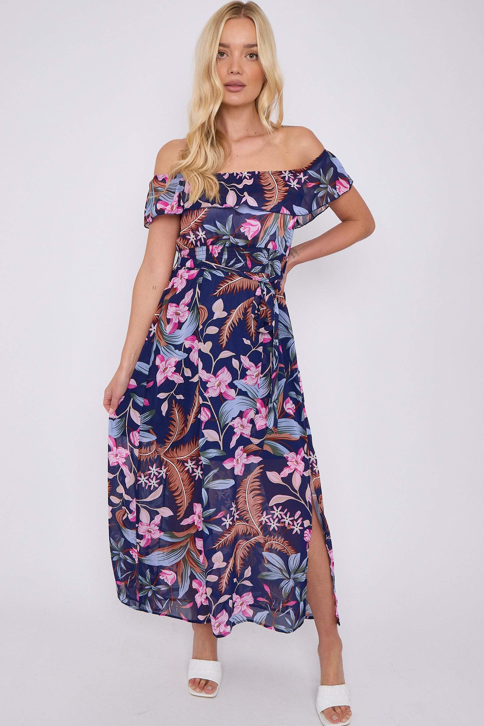 8Pcs Navy Palm Leaf Print Chiffon Bardot Maxi Dress