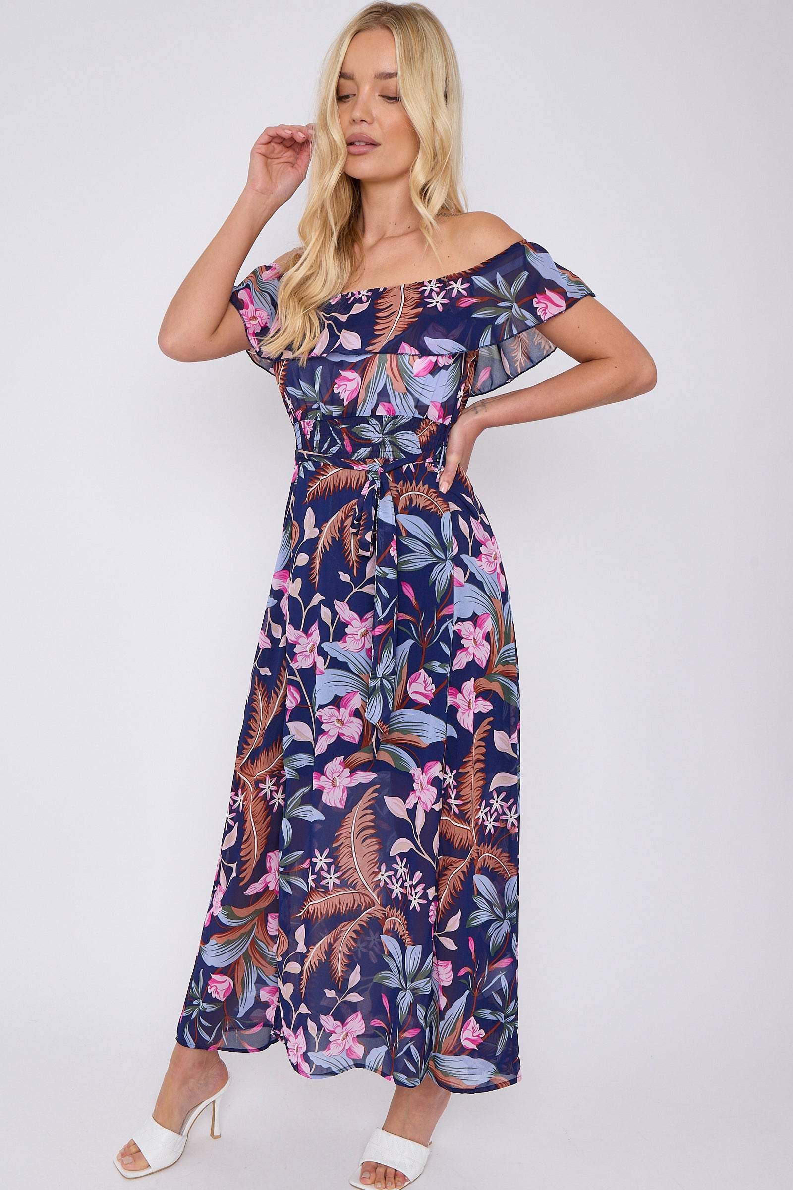8Pcs Navy Palm Leaf Print Chiffon Bardot Maxi Dress