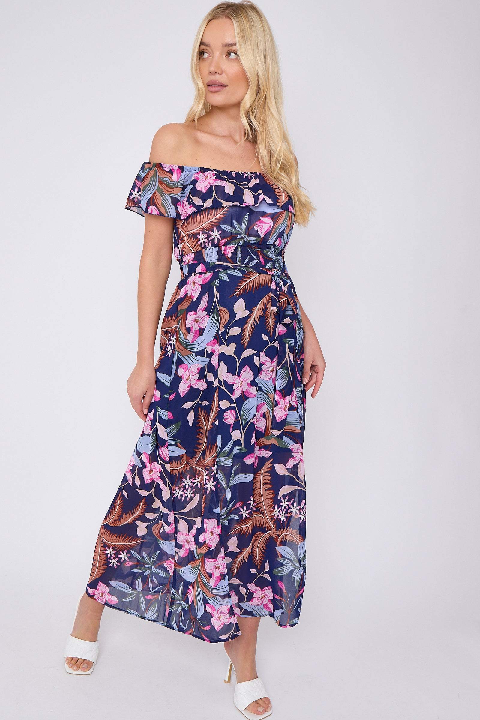 8Pcs Navy Palm Leaf Print Chiffon Bardot Maxi Dress