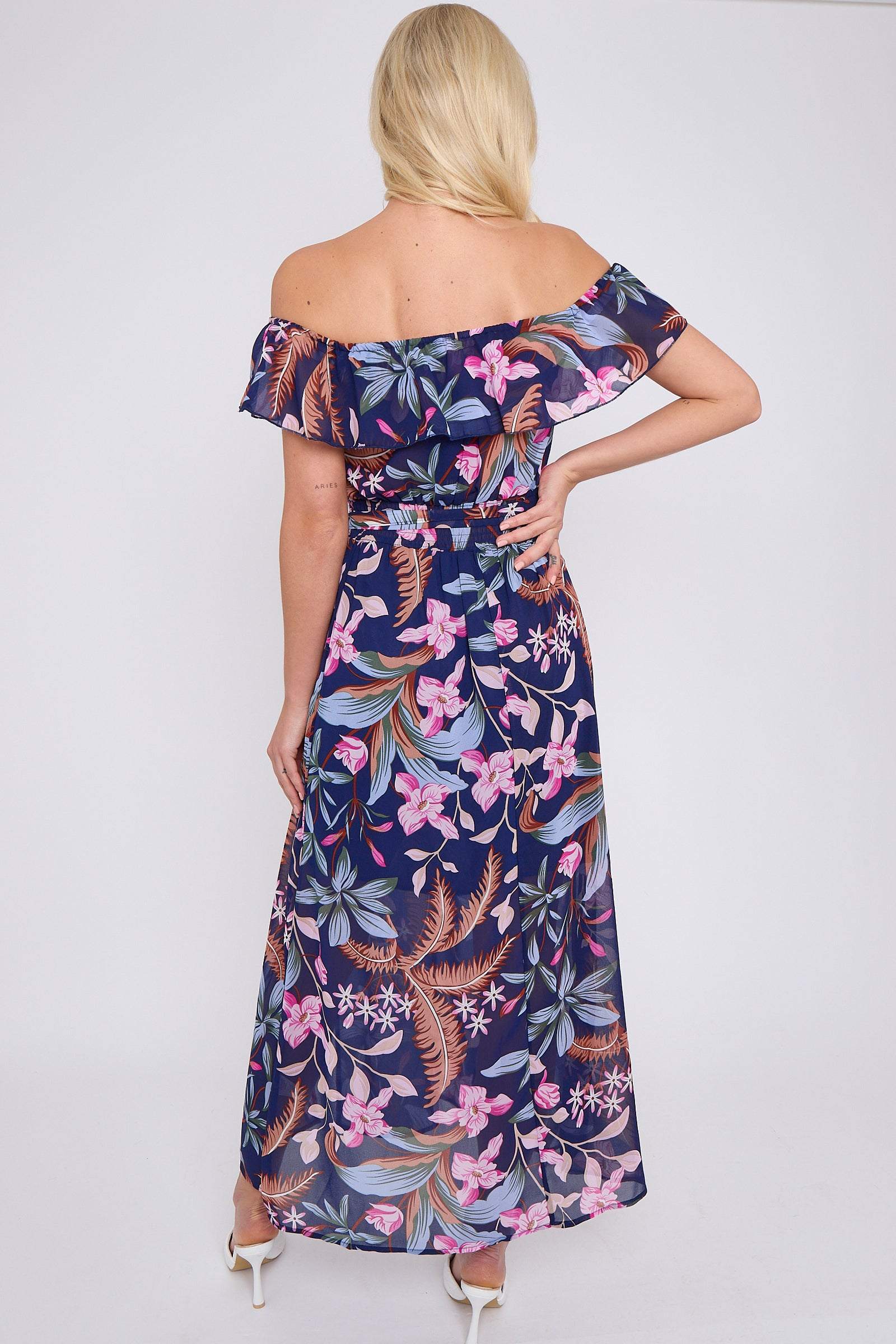 8Pcs Navy Palm Leaf Print Chiffon Bardot Maxi Dress