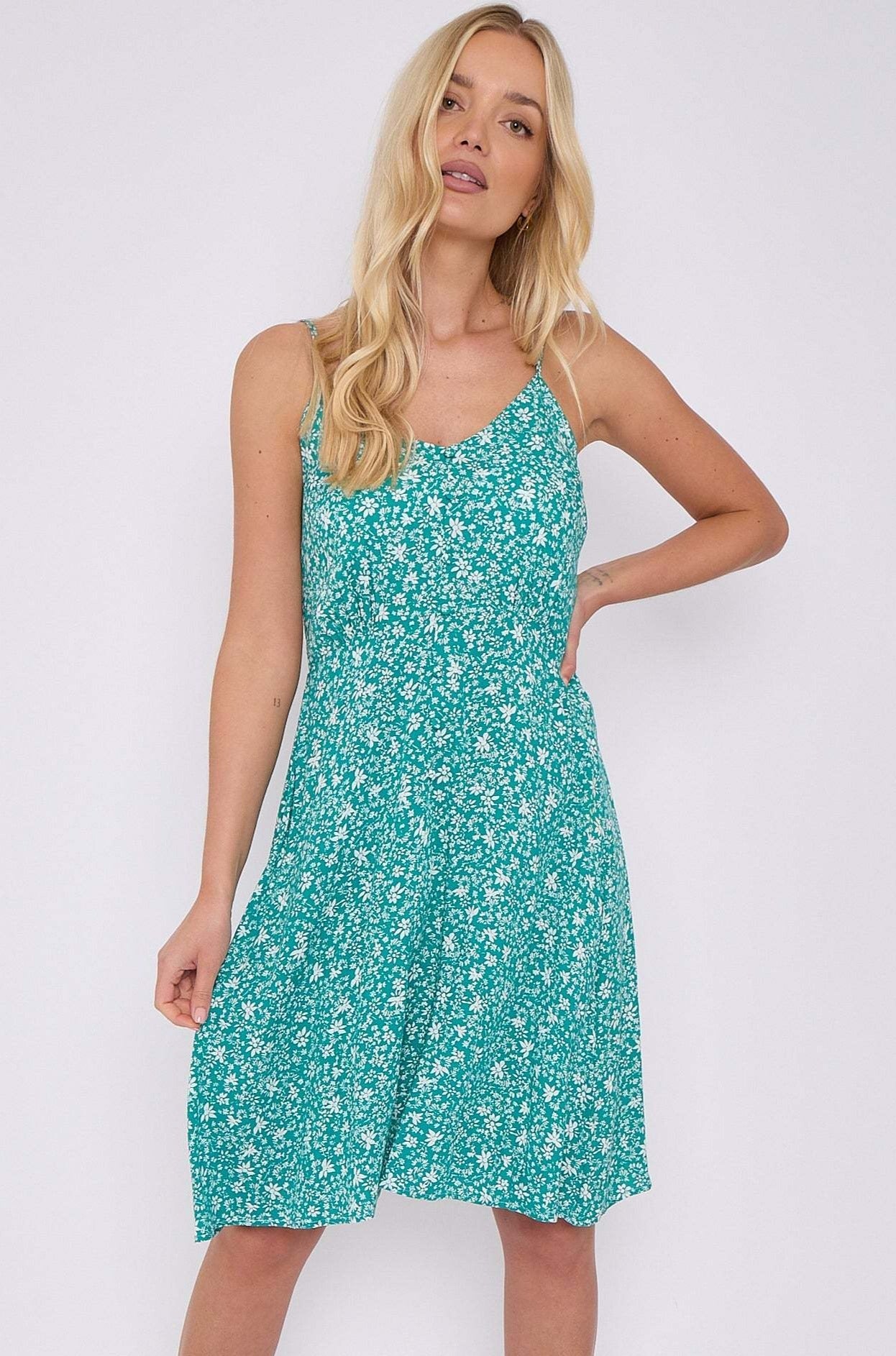 8Pcs Green Floral Print Strap Mini Dress