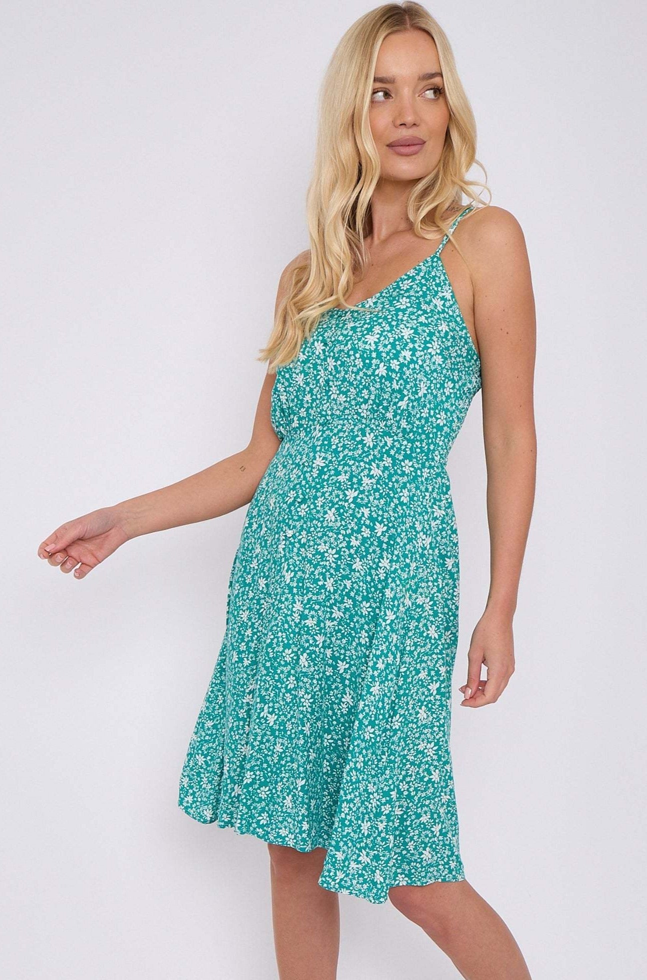 8Pcs Green Floral Print Strap Mini Dress