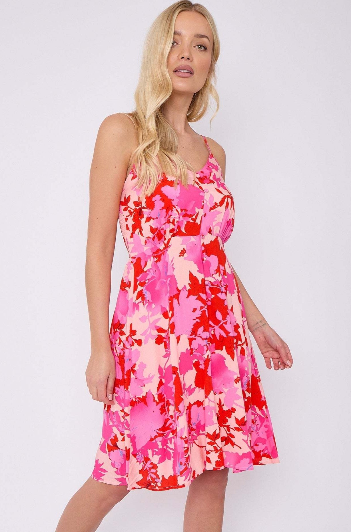 8Pcs Fuchsia Floral Print Strap Mini Dress