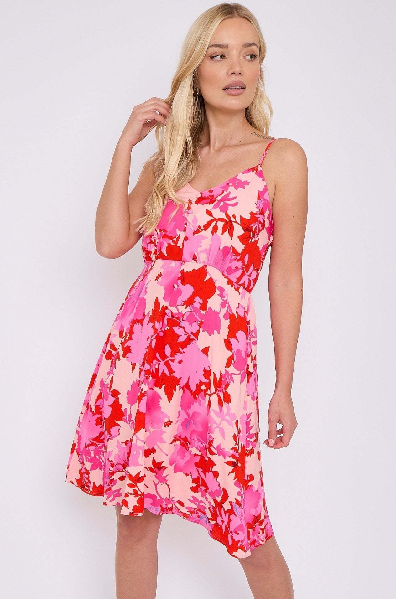 8Pcs Fuchsia Floral Print Strap Mini Dress