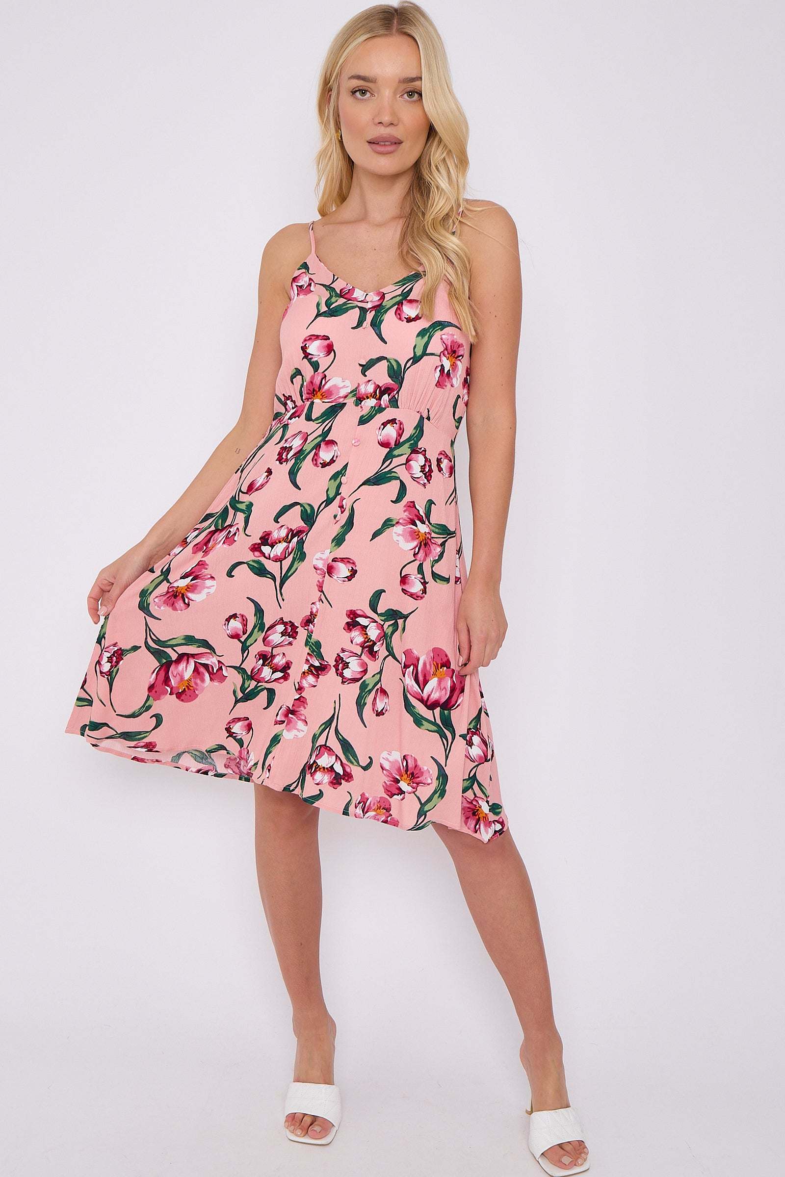 8Pcs Pink Floral Print Cheesecloth Strap Mini Dress