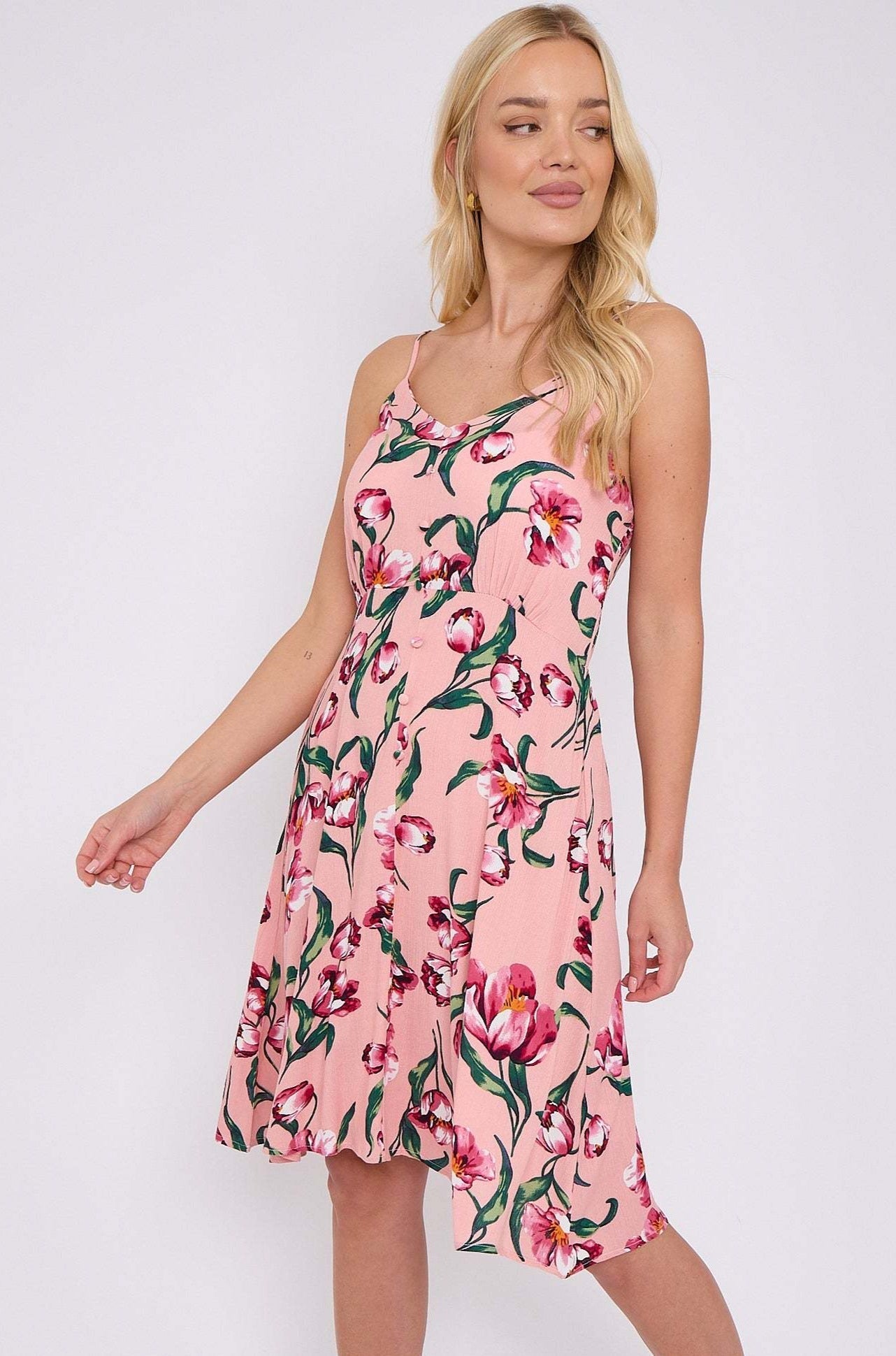 8Pcs Pink Floral Print Cheesecloth Strap Mini Dress