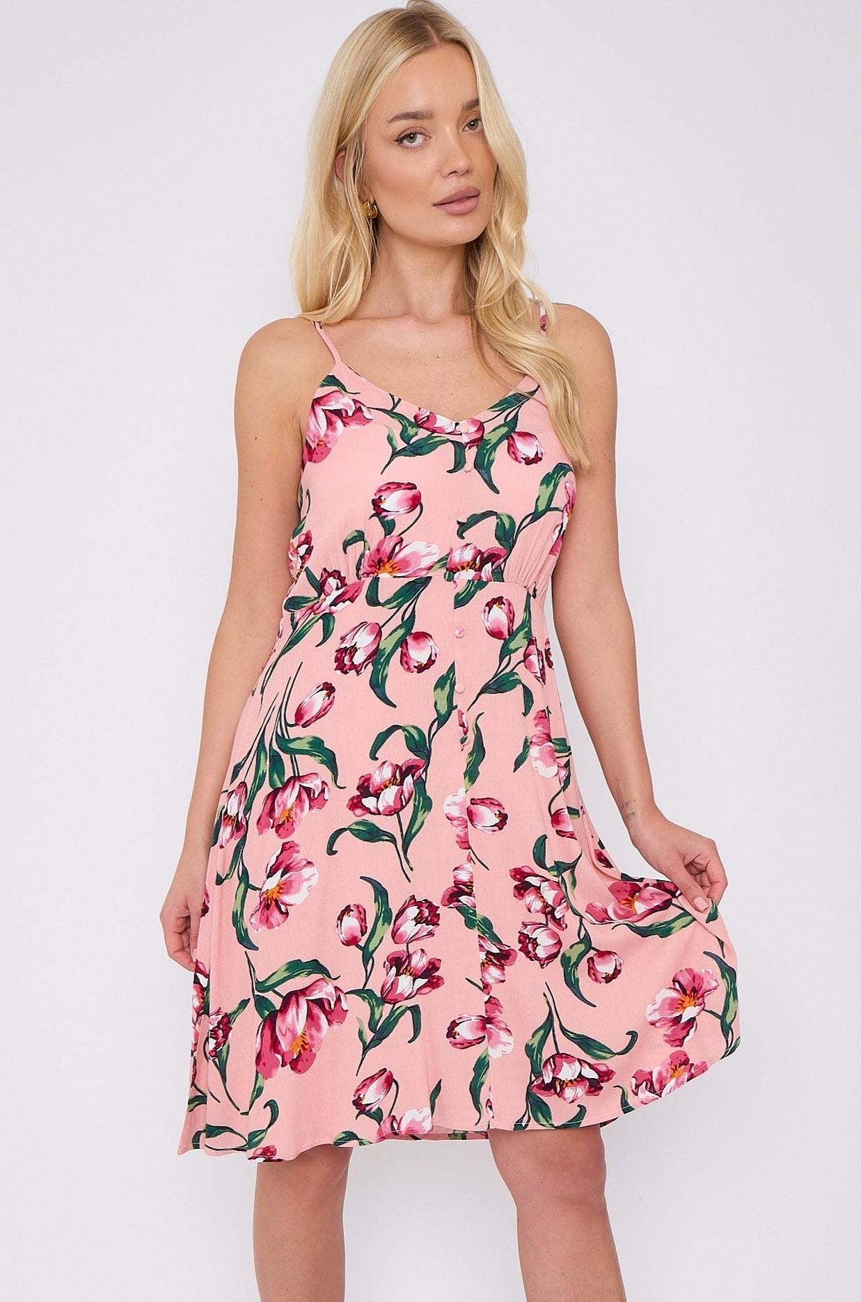 8Pcs Pink Floral Print Cheesecloth Strap Mini Dress