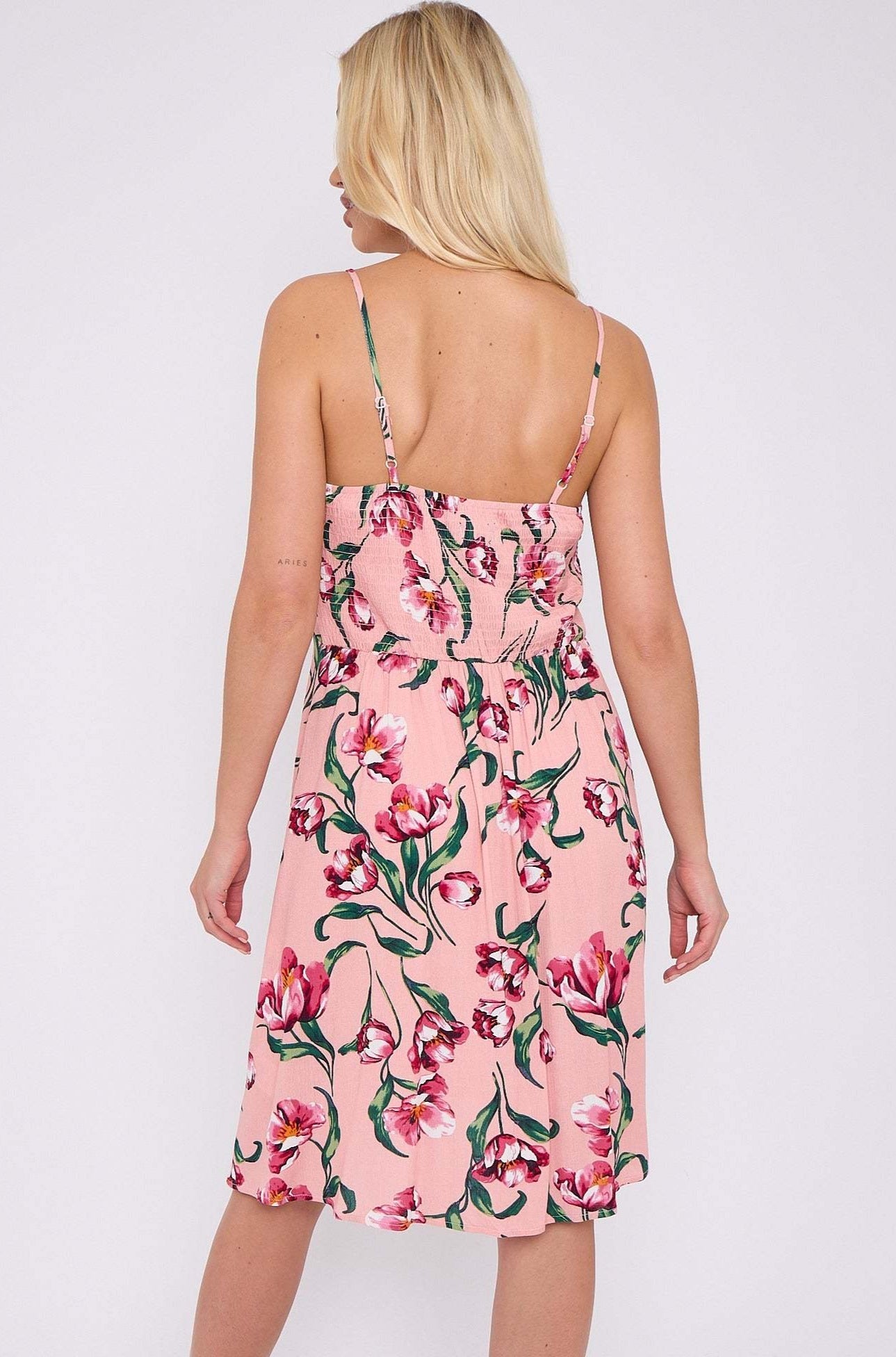 8Pcs Pink Floral Print Cheesecloth Strap Mini Dress