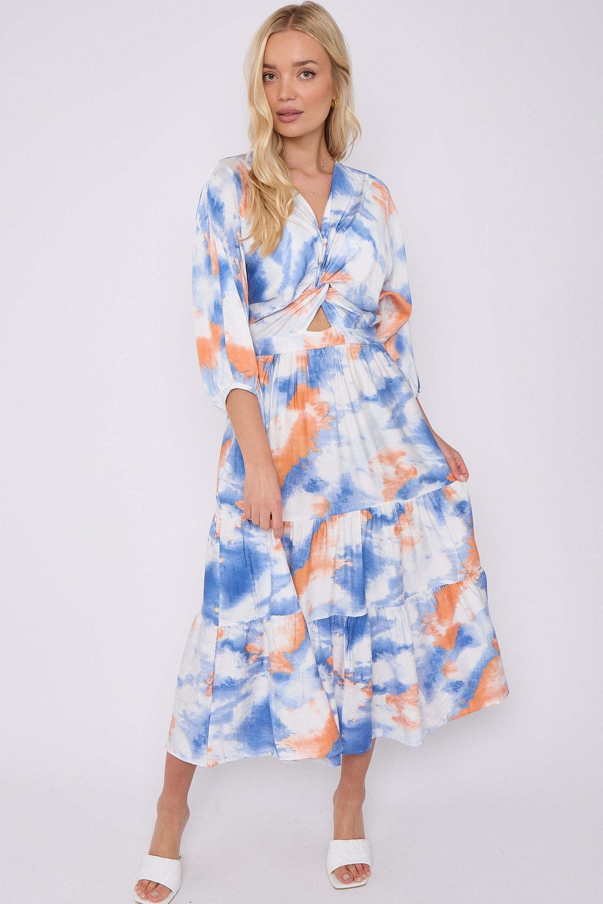 8Pcs Blue Orange Tie Dye Print Knotted Long Sleeve Maxi Dress