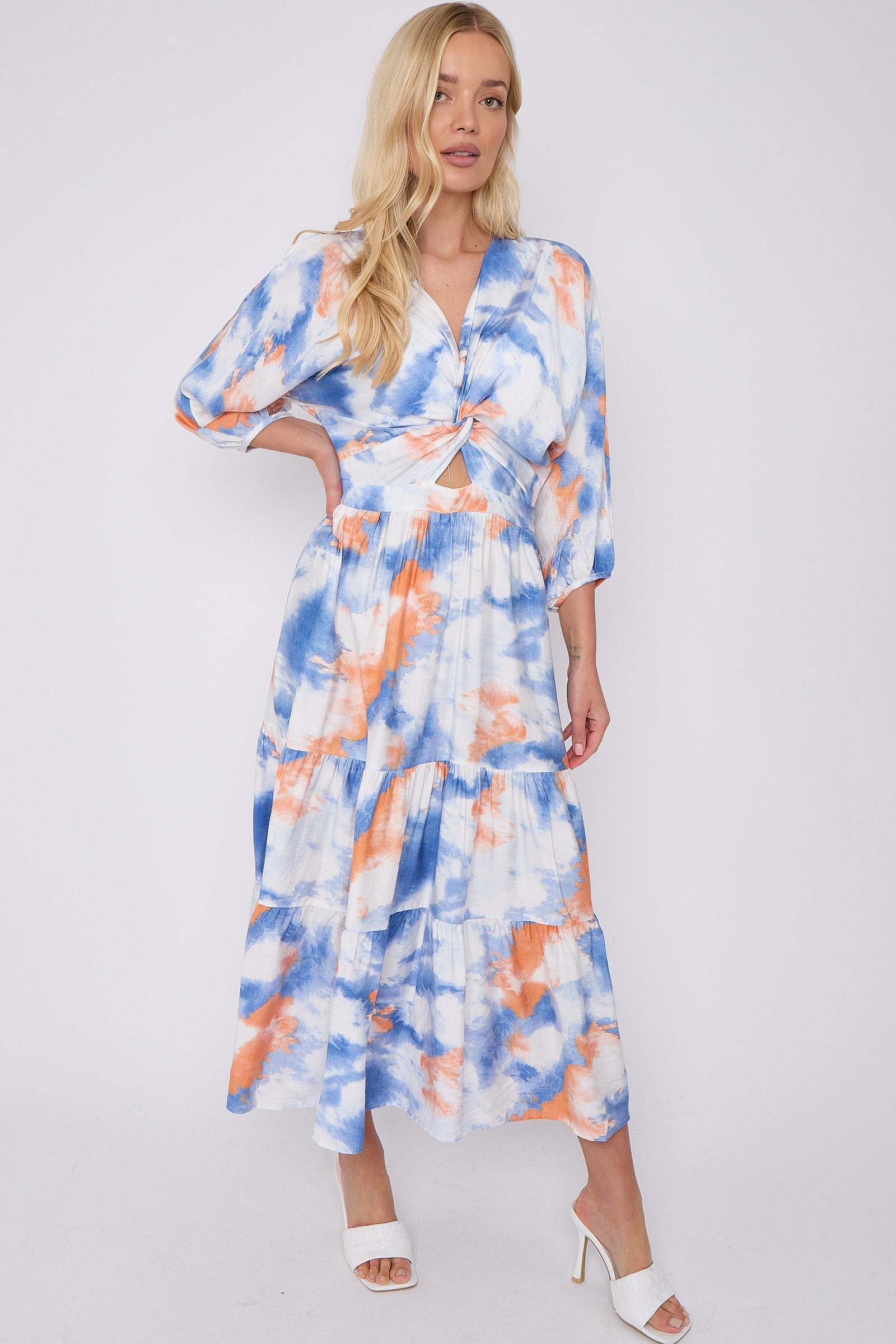 8Pcs Blue Orange Tie Dye Print Knotted Long Sleeve Maxi Dress