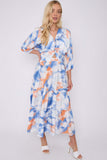 8Pcs Blue Orange Tie Dye Print Knotted Long Sleeve Maxi Dress
