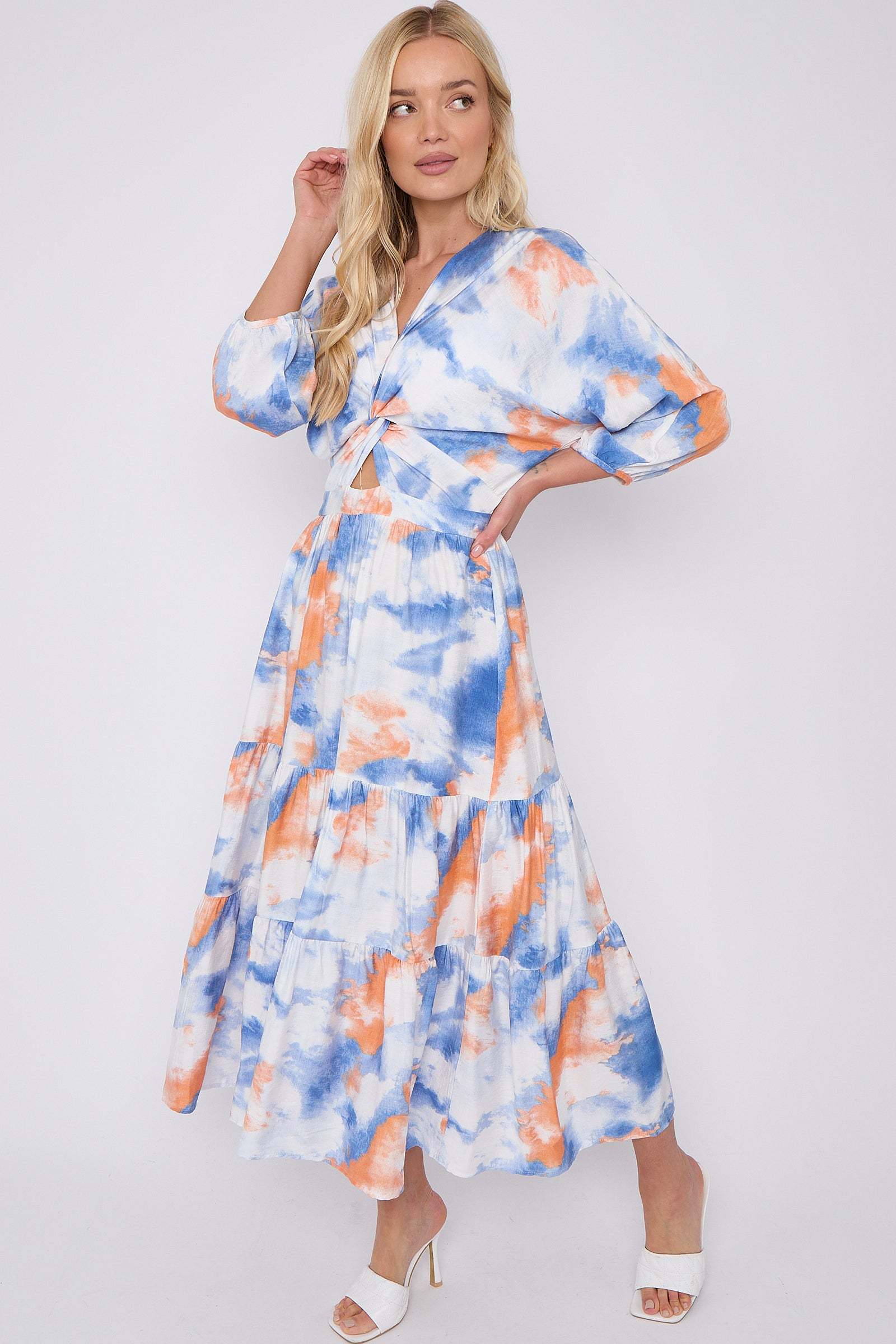 8Pcs Blue Orange Tie Dye Print Knotted Long Sleeve Maxi Dress