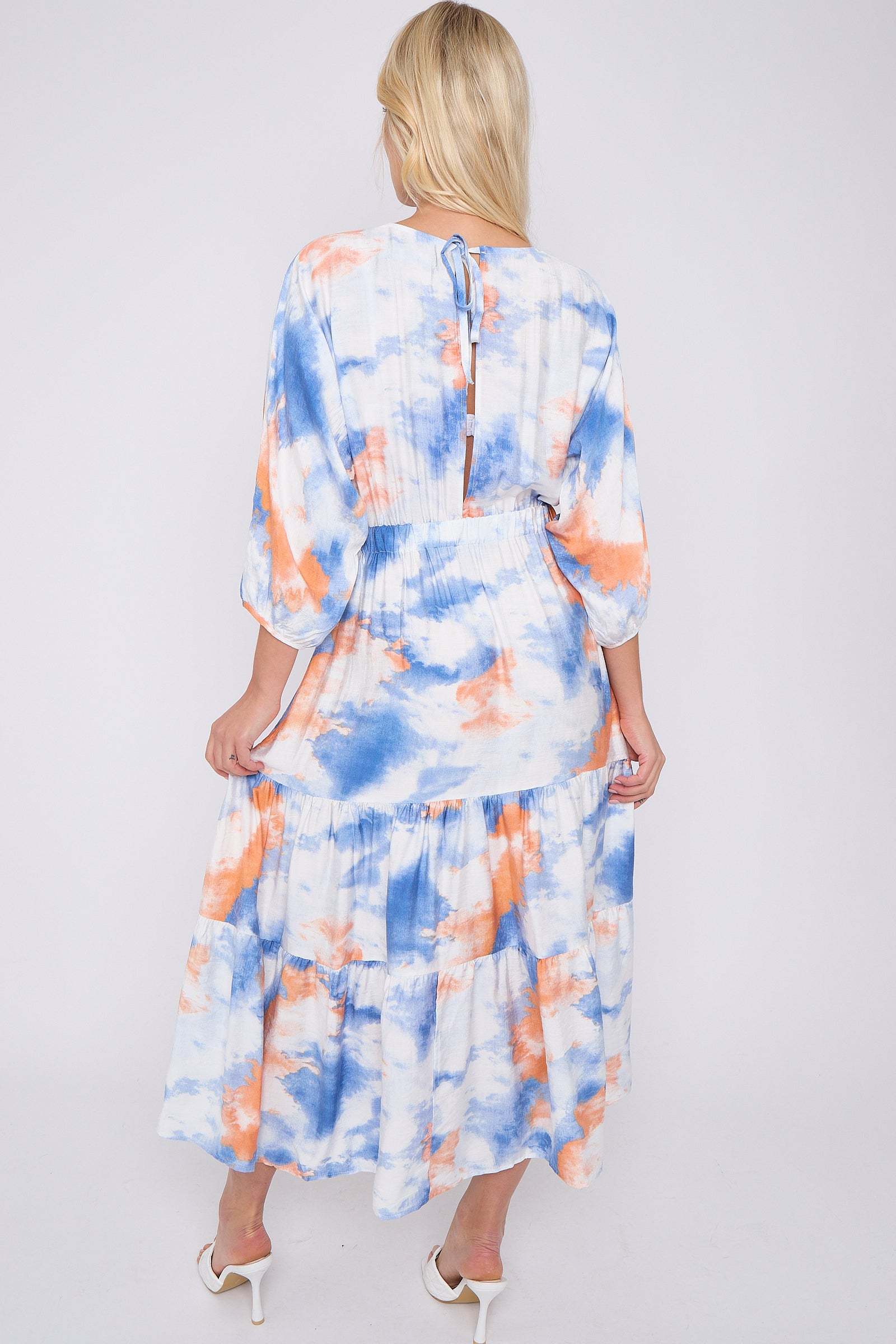 8Pcs Blue Orange Tie Dye Print Knotted Long Sleeve Maxi Dress