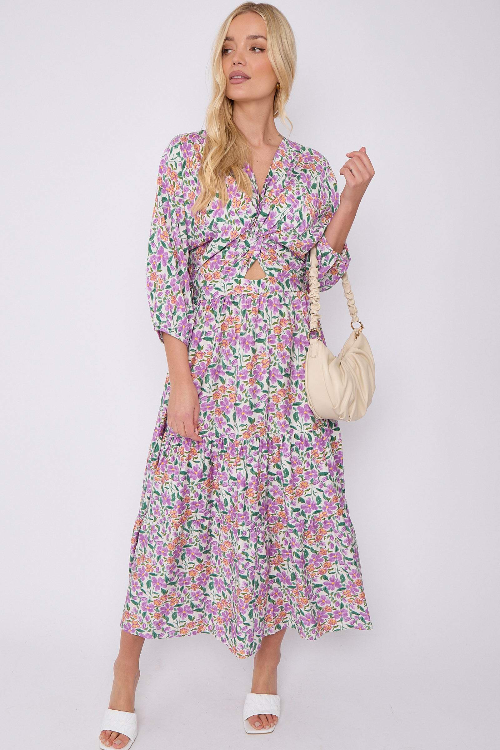 8Pcs Purple Floral Print Knotted Long Sleeve Maxi Dress