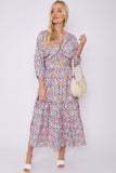 8Pcs Purple Floral Print Knotted Long Sleeve Maxi Dress