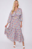 8Pcs Purple Floral Print Knotted Long Sleeve Maxi Dress