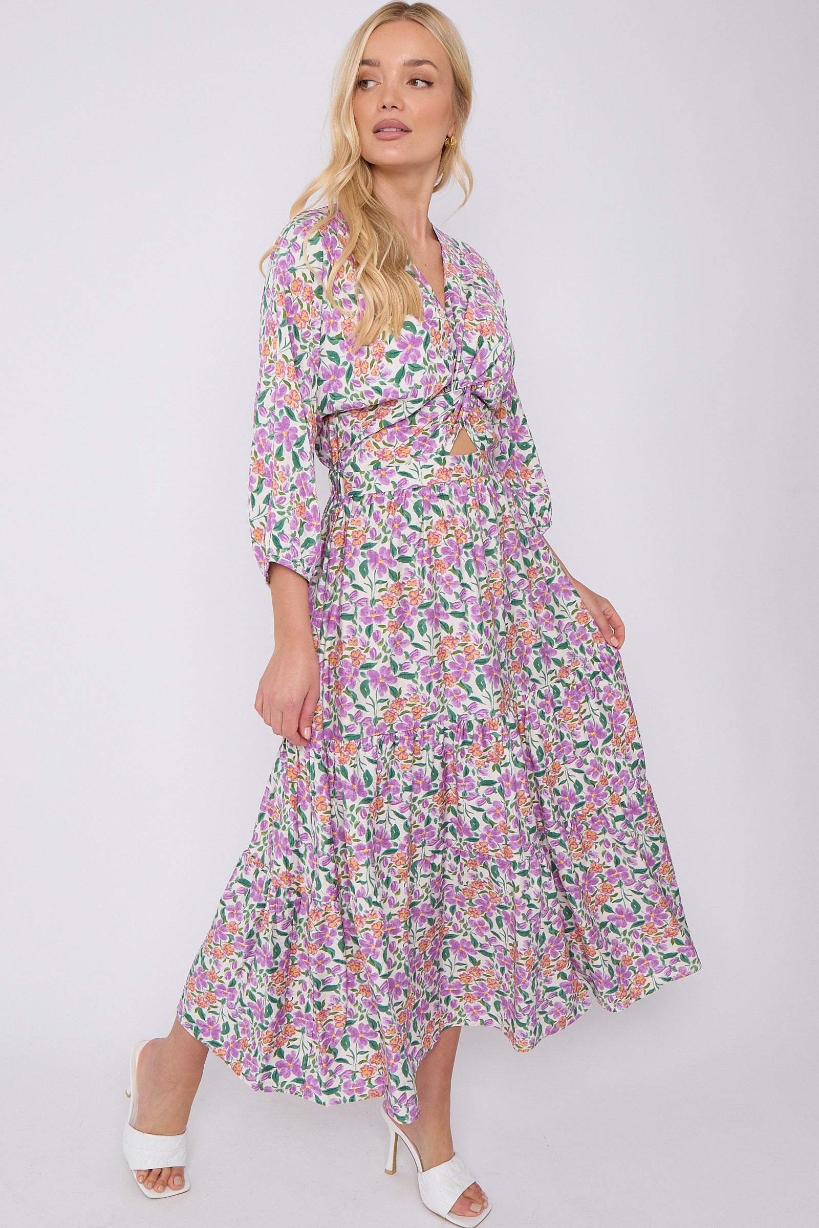 8Pcs Purple Floral Print Knotted Long Sleeve Maxi Dress