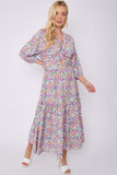 8Pcs Purple Floral Print Knotted Long Sleeve Maxi Dress