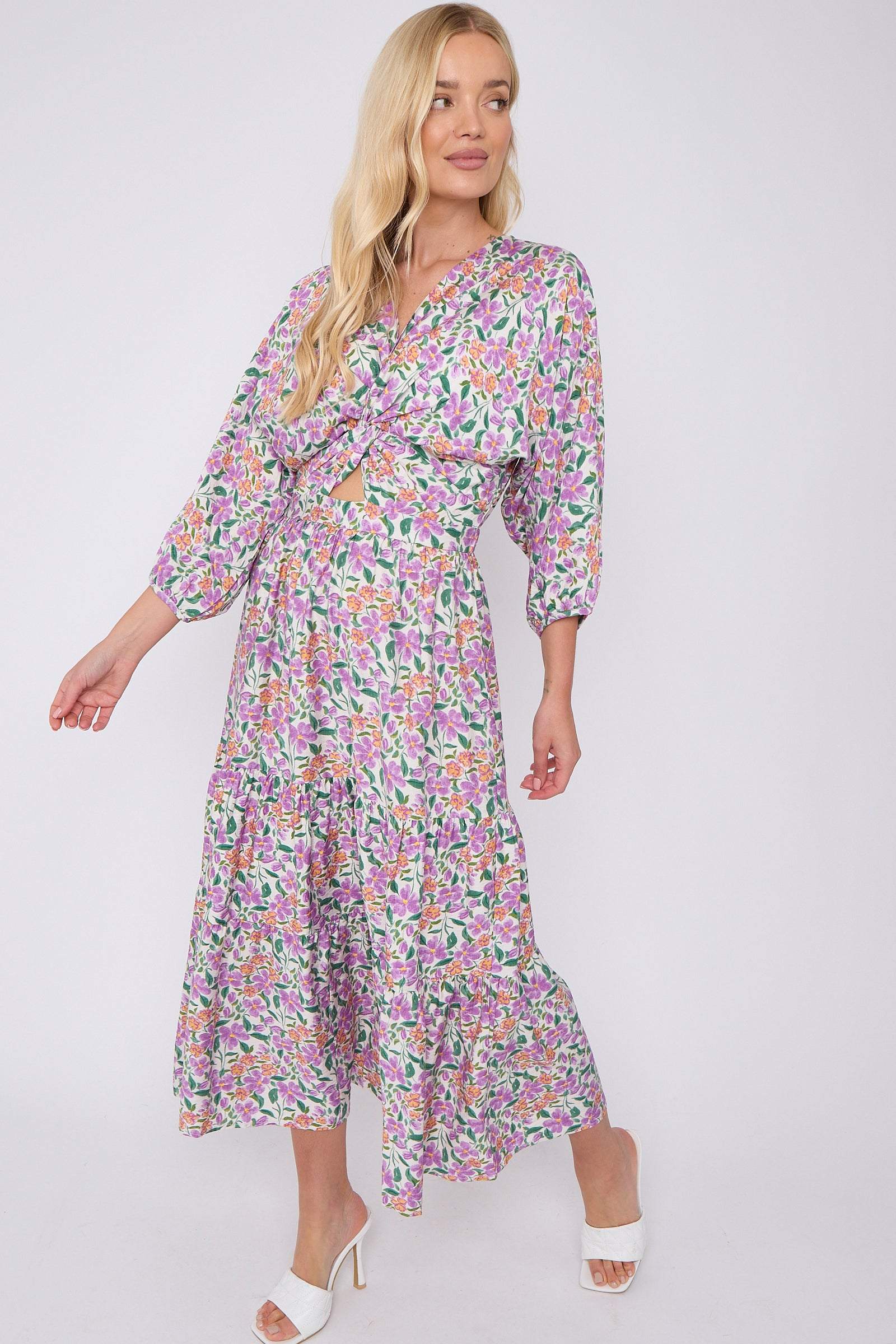 8Pcs Purple Floral Print Knotted Long Sleeve Maxi Dress