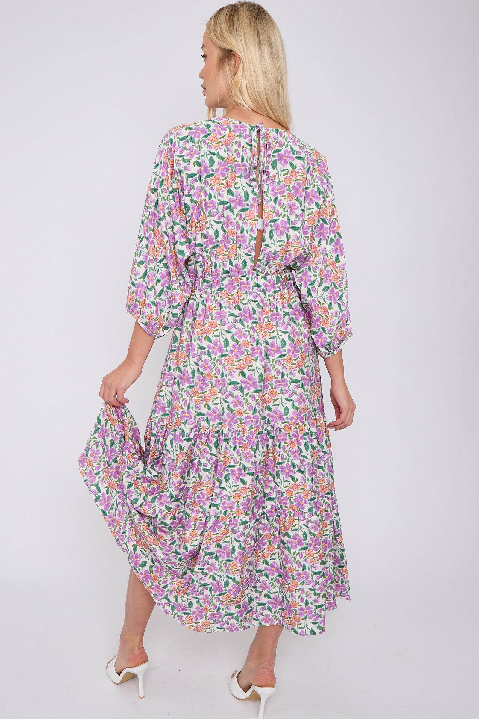 8Pcs Purple Floral Print Knotted Long Sleeve Maxi Dress