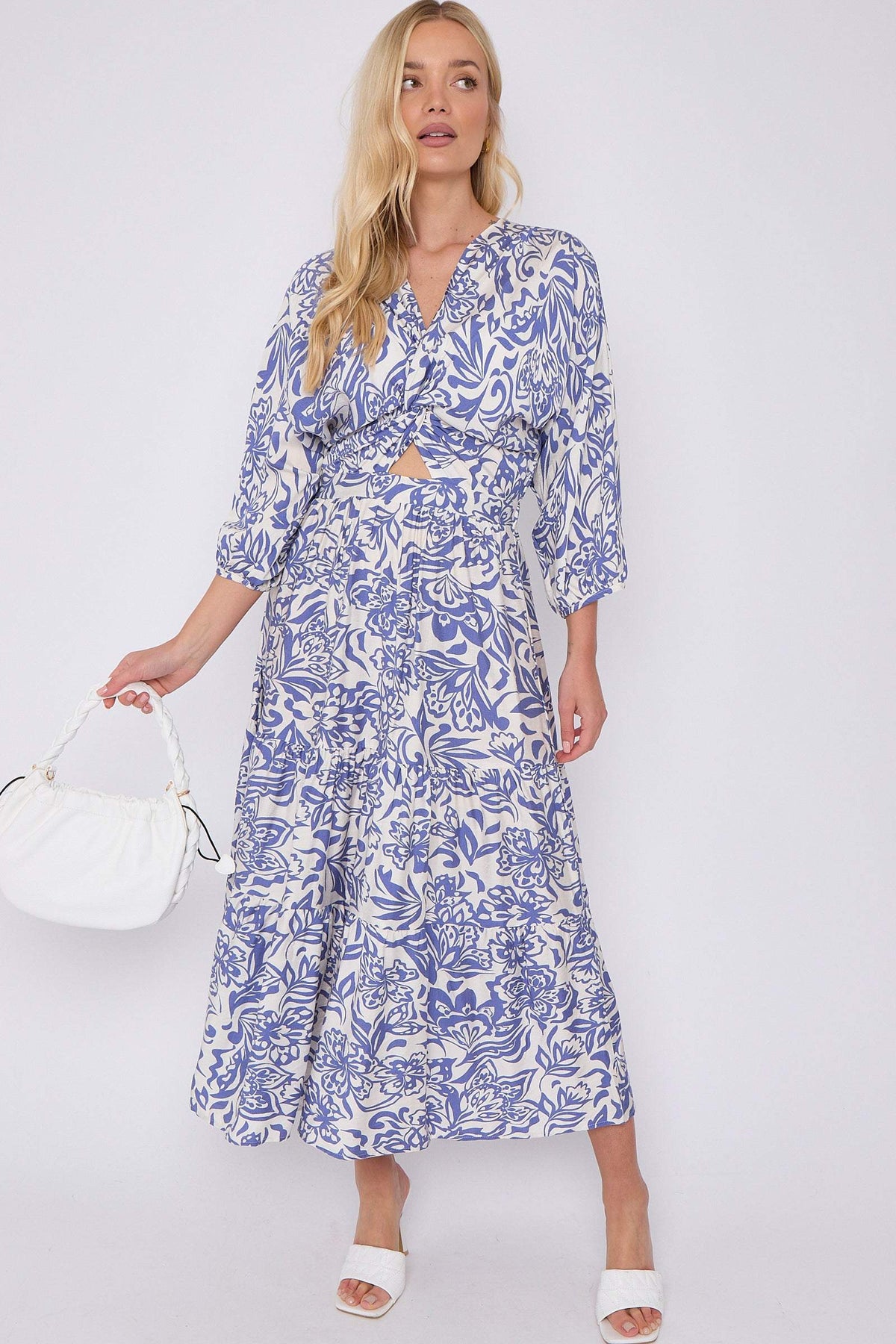 8Pcs Blue Floral Print Knotted Long Sleeve Maxi Dress