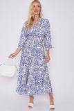 8Pcs Blue Floral Print Knotted Long Sleeve Maxi Dress