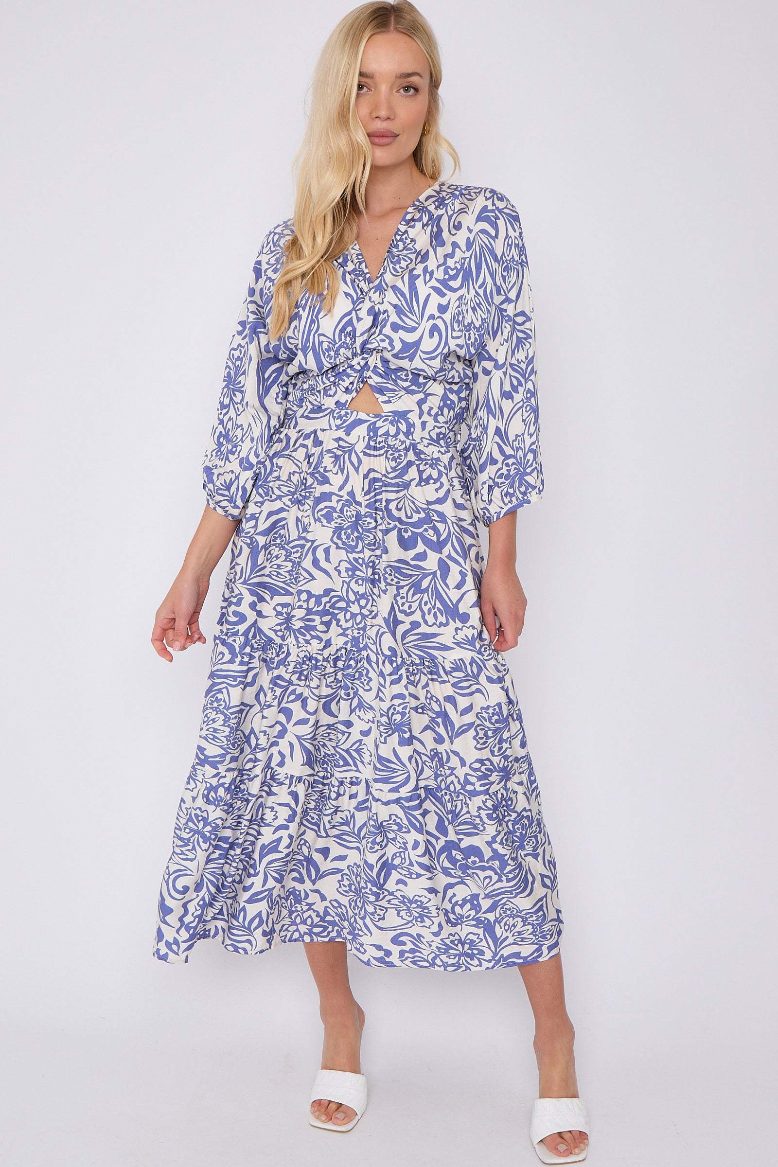 8Pcs Blue Floral Print Knotted Long Sleeve Maxi Dress