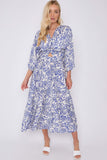 8Pcs Blue Floral Print Knotted Long Sleeve Maxi Dress