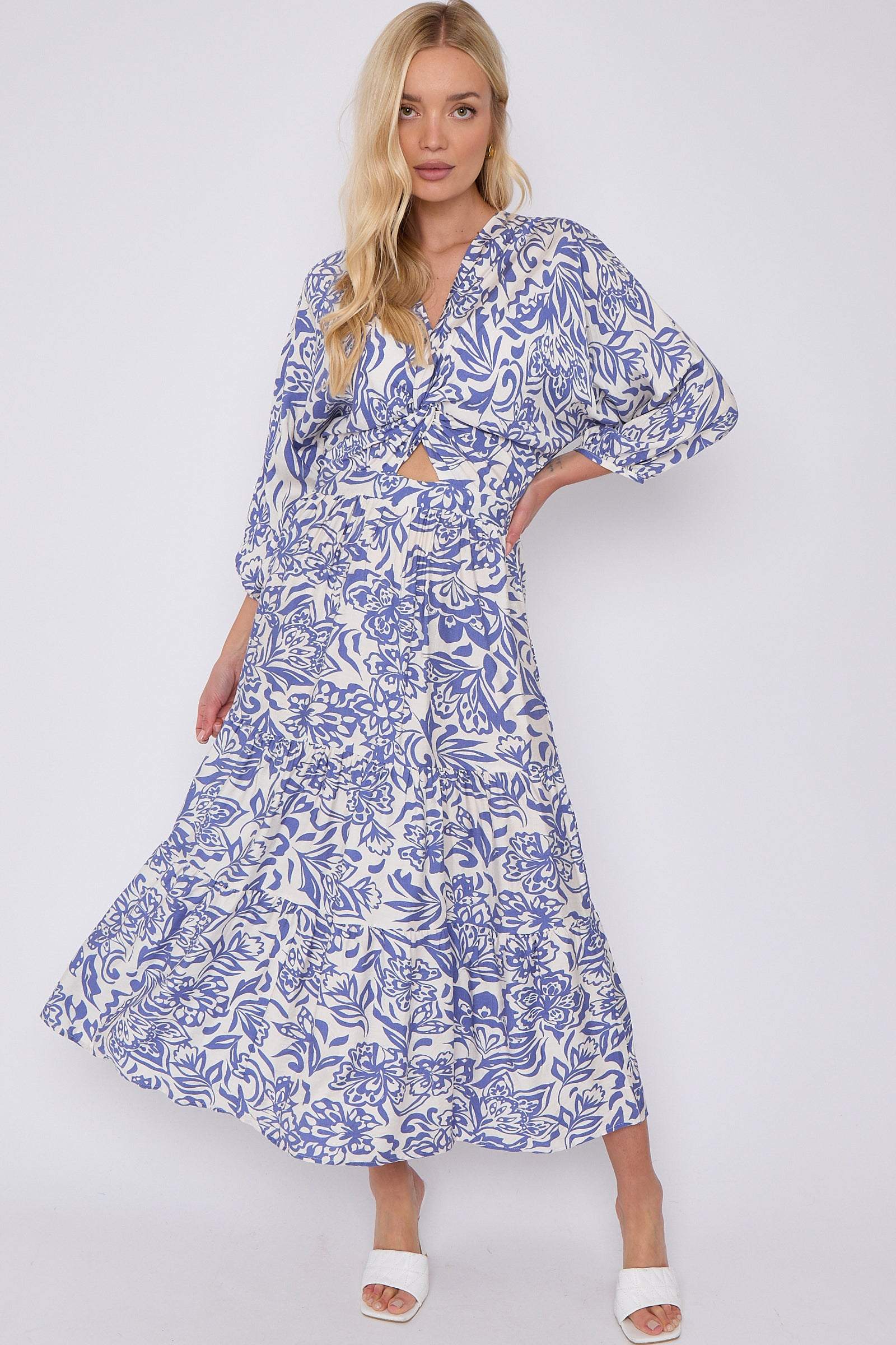 8Pcs Blue Floral Print Knotted Long Sleeve Maxi Dress