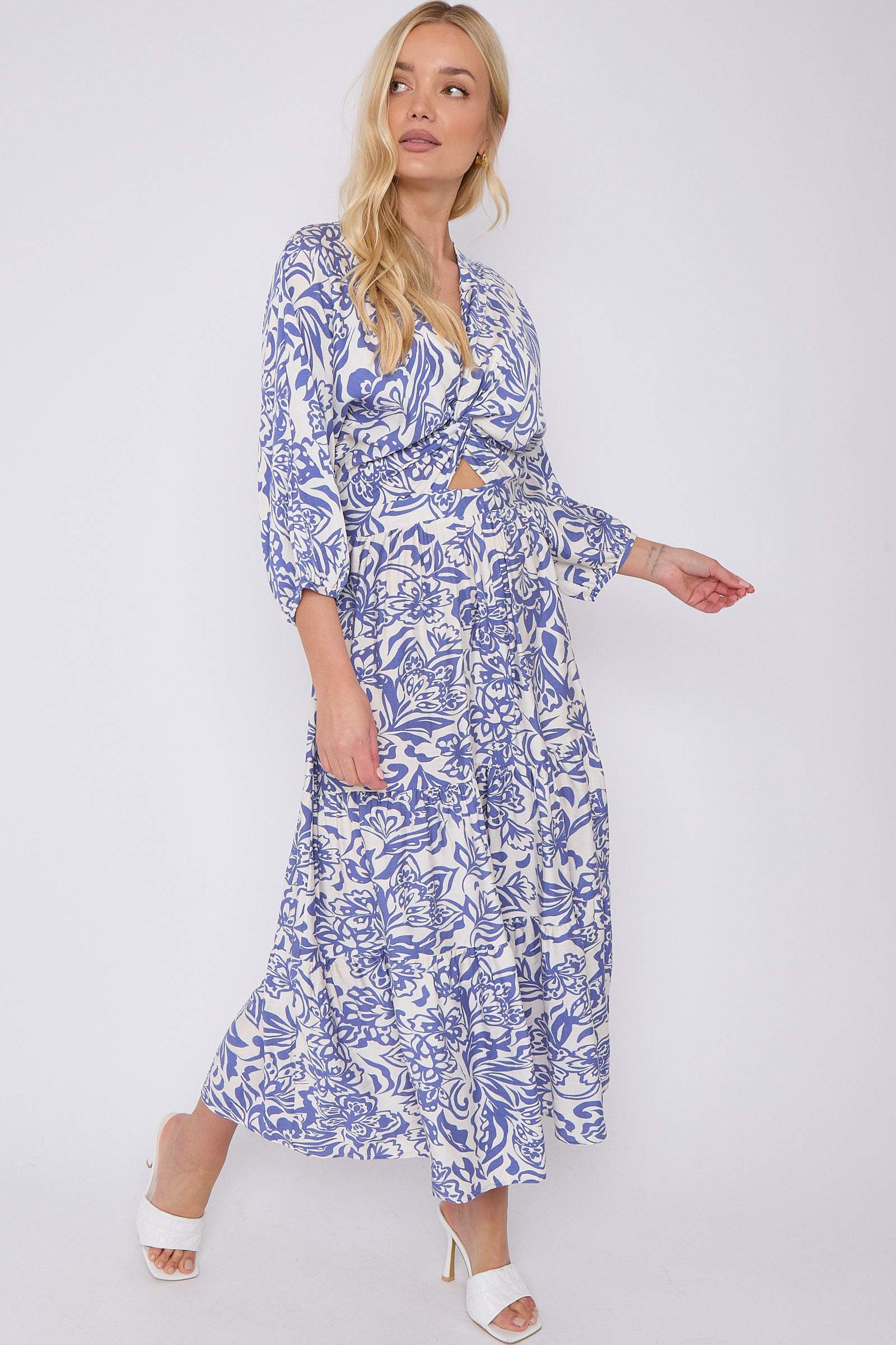 8Pcs Blue Floral Print Knotted Long Sleeve Maxi Dress