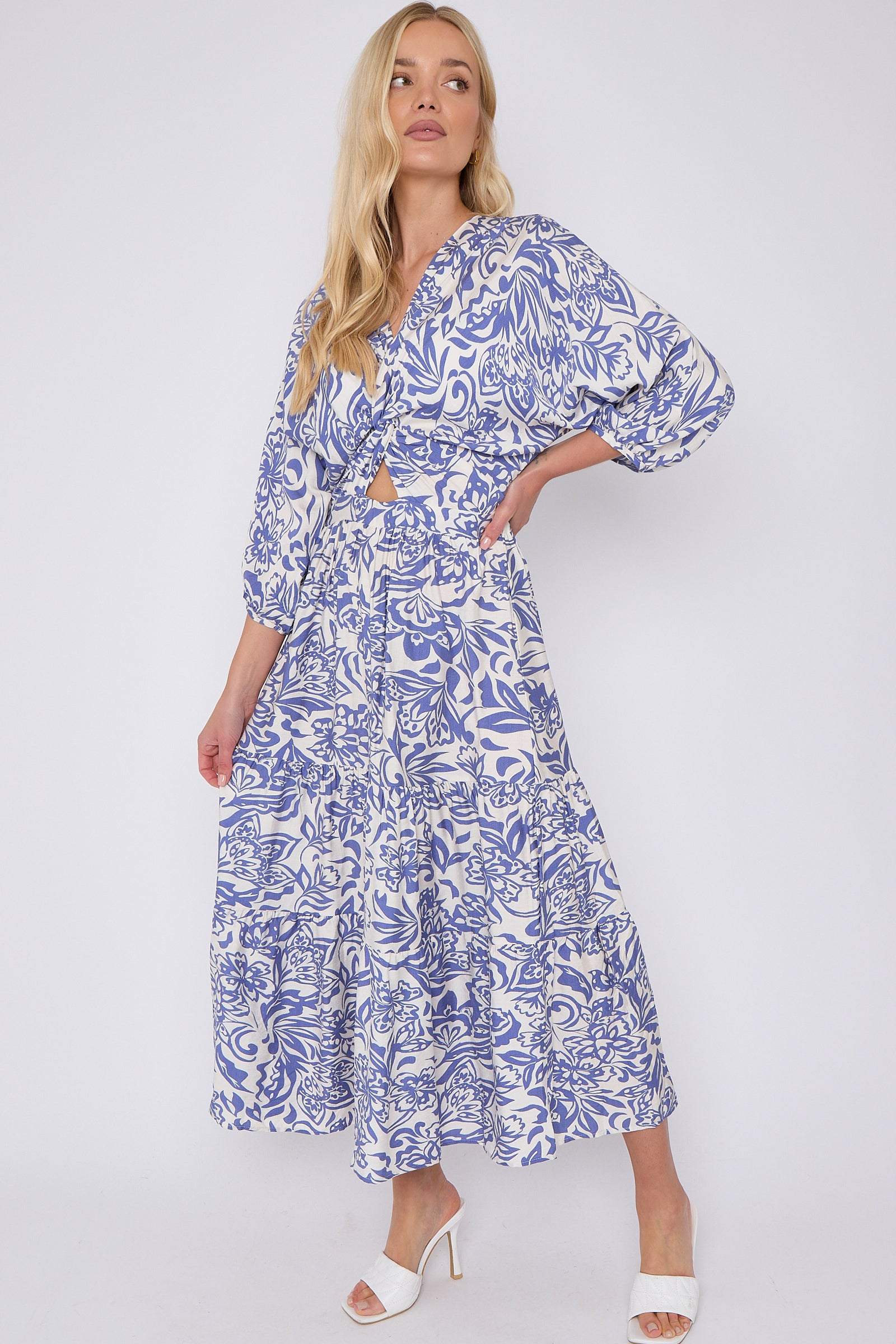 8Pcs Blue Floral Print Knotted Long Sleeve Maxi Dress