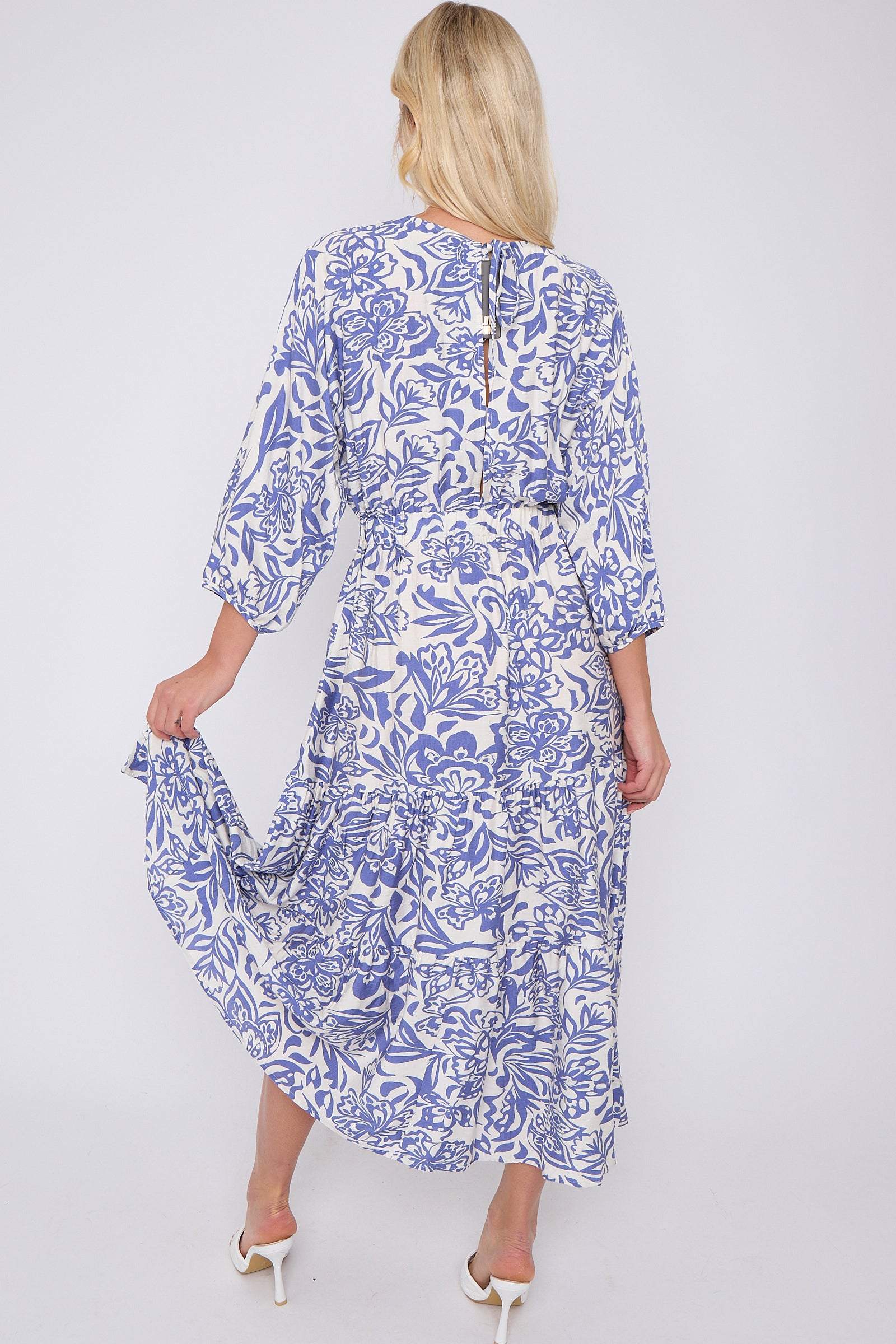 8Pcs Blue Floral Print Knotted Long Sleeve Maxi Dress