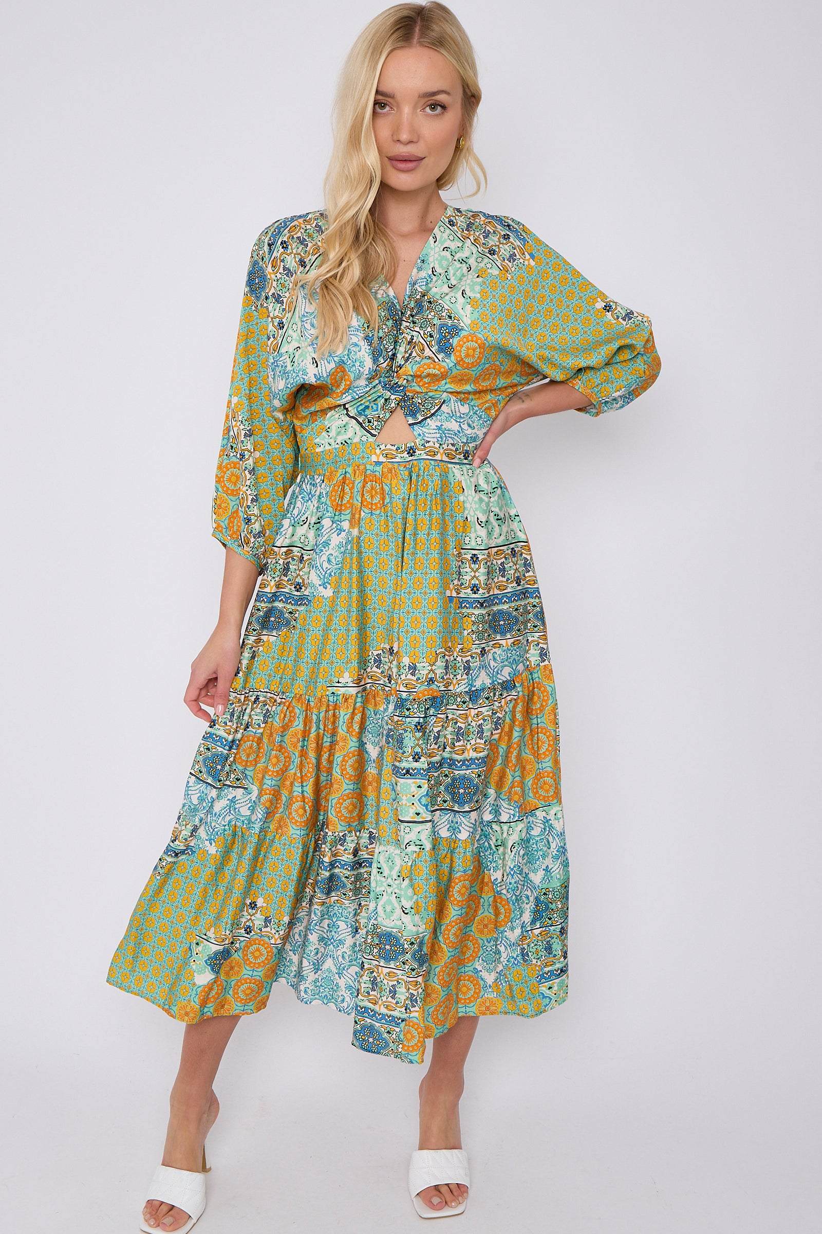 8Pcs Green Multi FPrint Knotted Long Sleeve Maxi Dress
