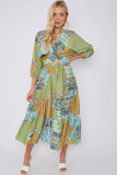 8Pcs Green Multi FPrint Knotted Long Sleeve Maxi Dress