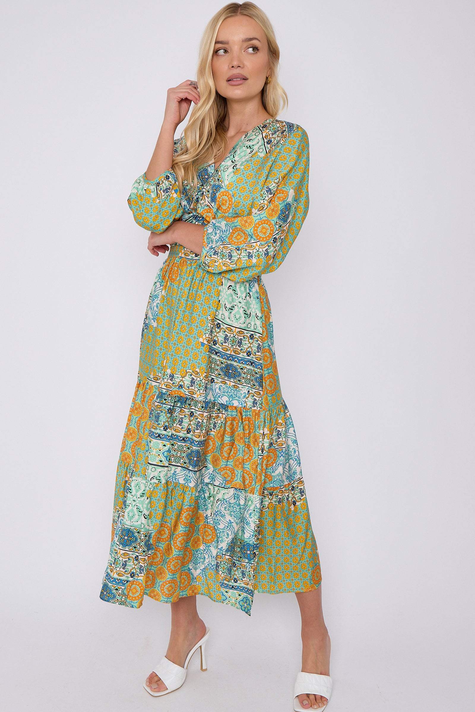 8Pcs Green Multi FPrint Knotted Long Sleeve Maxi Dress