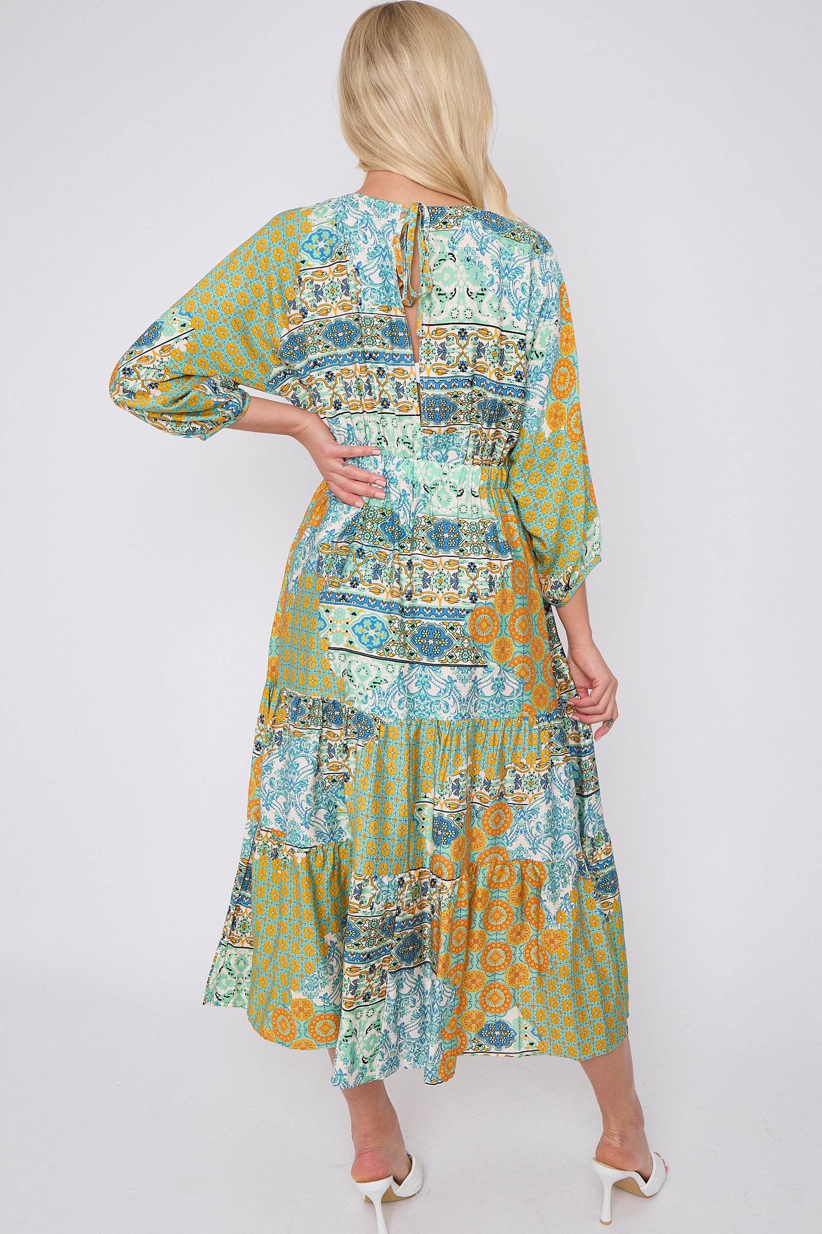 8Pcs Green Multi FPrint Knotted Long Sleeve Maxi Dress