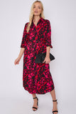 8Pcs Fuchsia Leopard Print Half Sleeve Belted Maxi Shirt Dress
