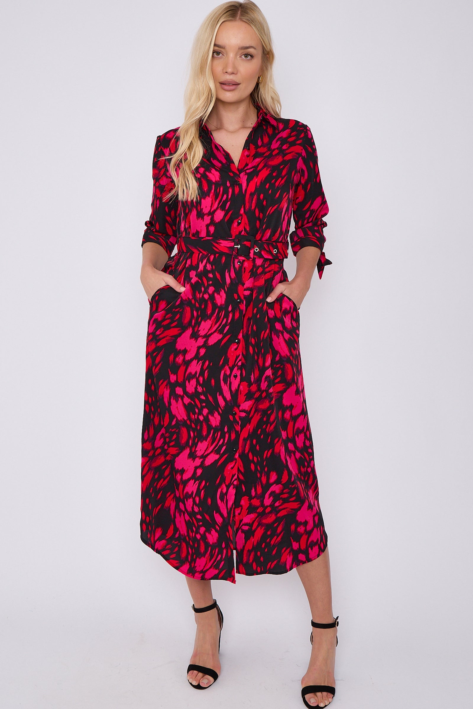 8Pcs Fuchsia Leopard Print Half Sleeve Belted Maxi Shirt Dress