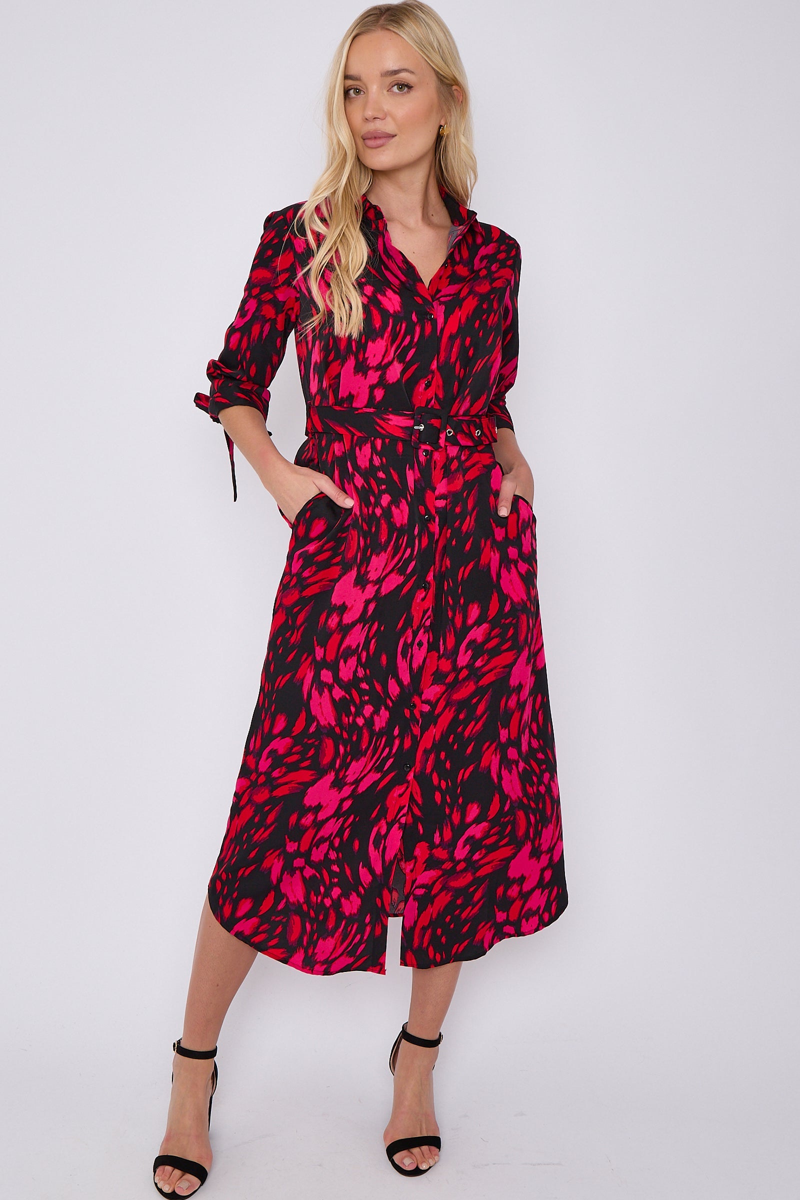 8Pcs Fuchsia Leopard Print Half Sleeve Belted Maxi Shirt Dress