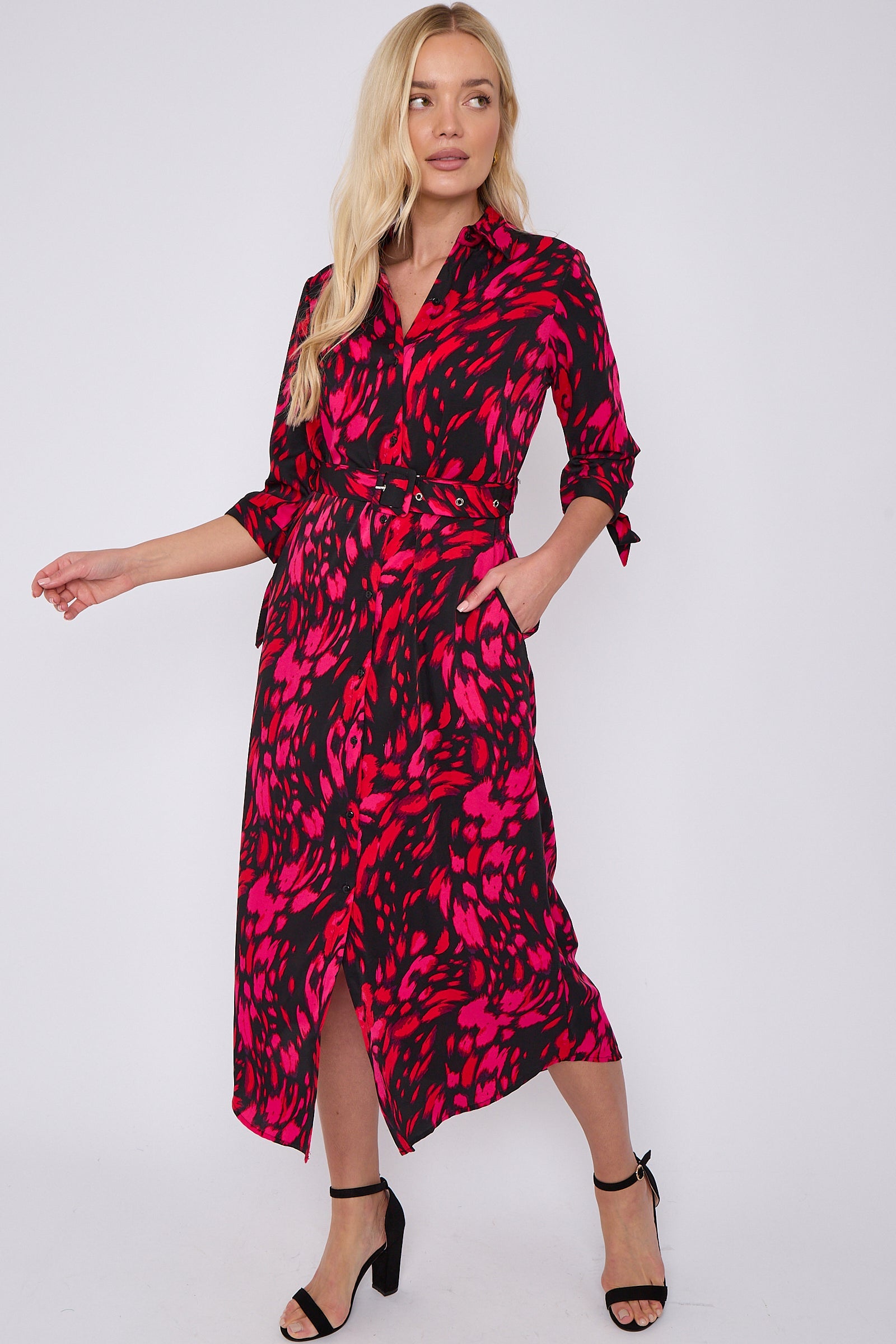 8Pcs Fuchsia Leopard Print Half Sleeve Belted Maxi Shirt Dress