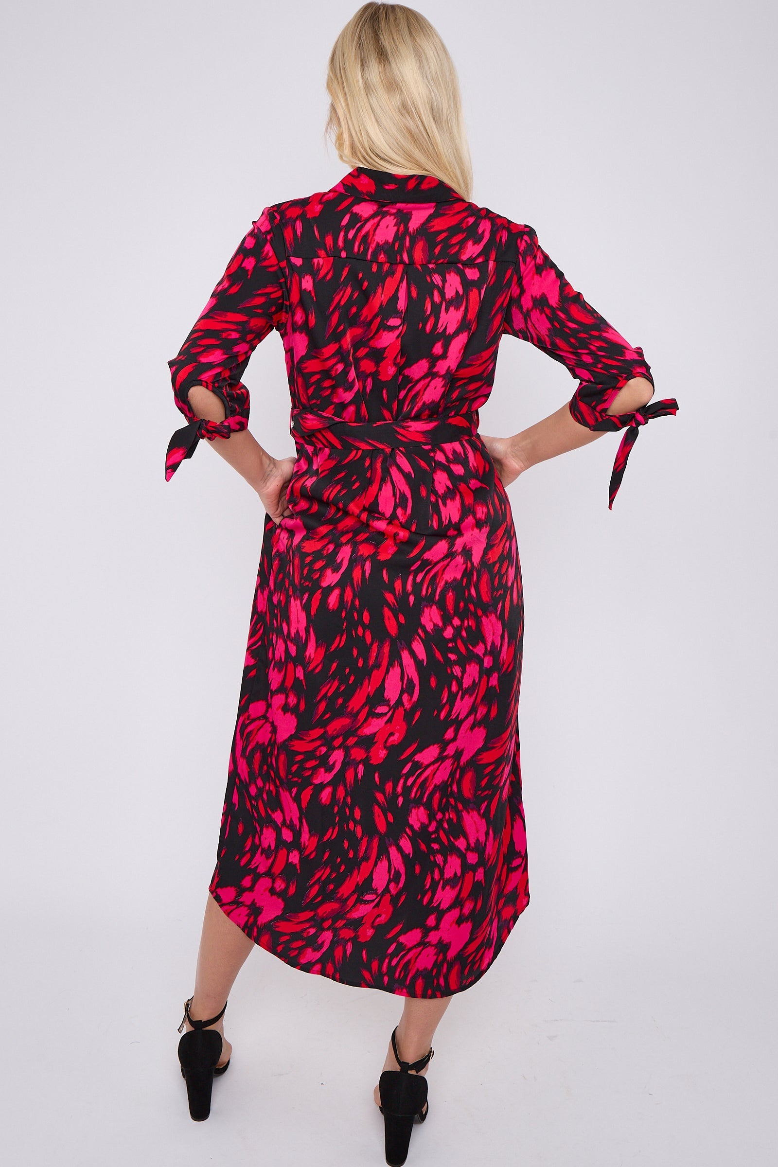 8Pcs Fuchsia Leopard Print Half Sleeve Belted Maxi Shirt Dress