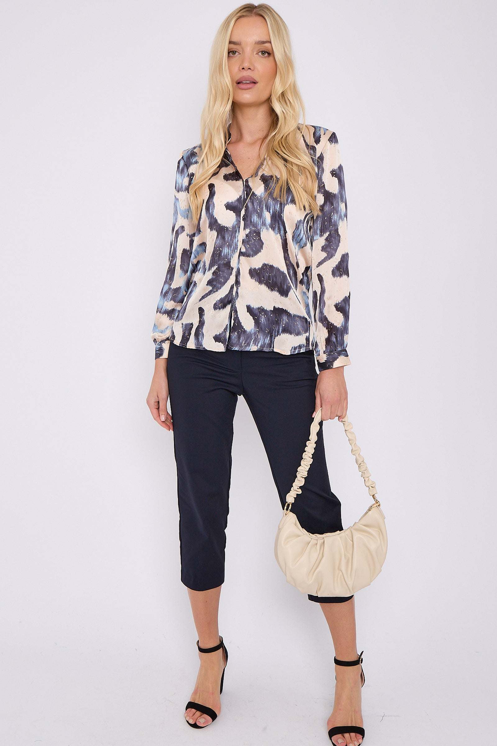 8Pcs Navy Abstract Print Gold Dotted Blouse