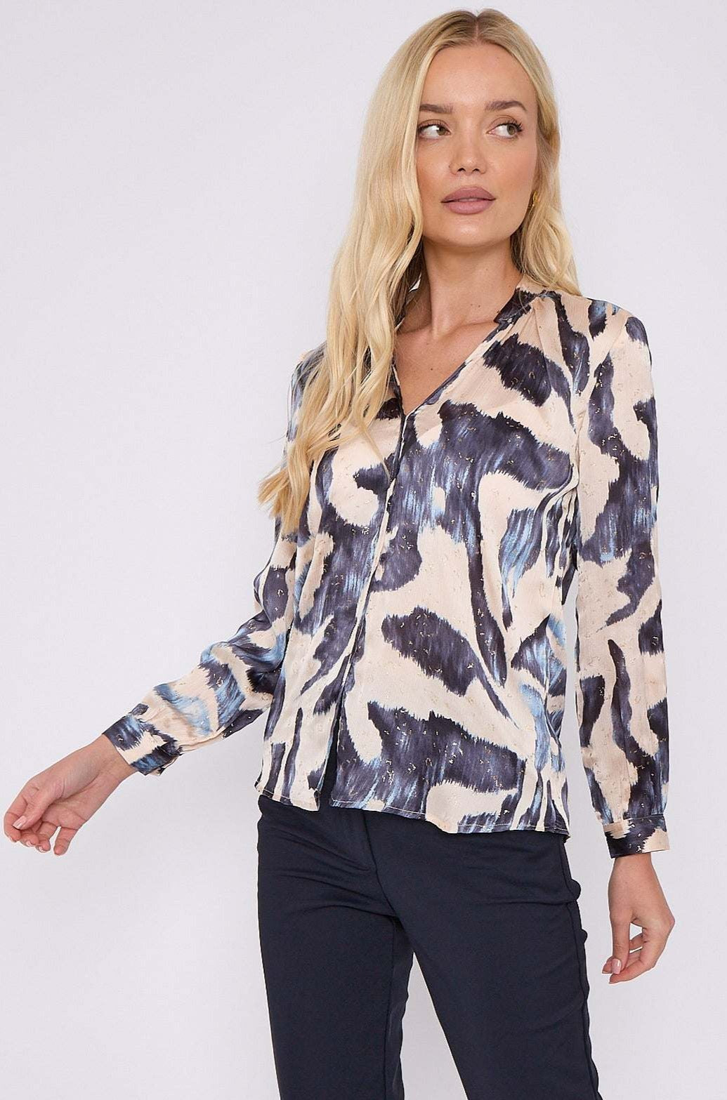 8Pcs Navy Abstract Print Gold Dotted Blouse