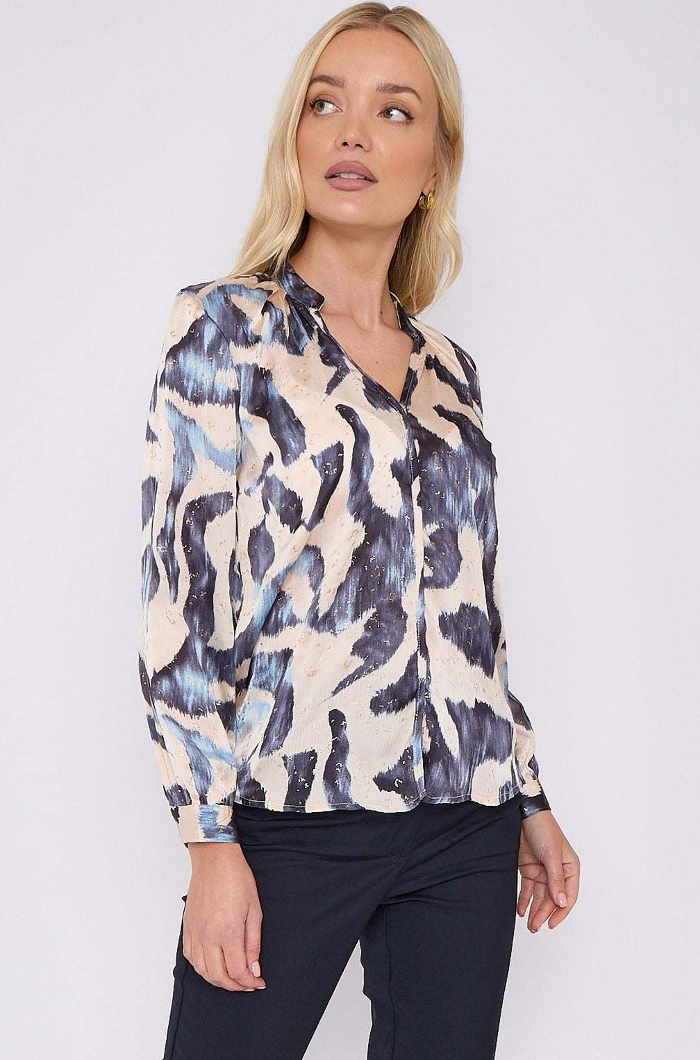8Pcs Navy Abstract Print Gold Dotted Blouse