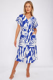 8Pcs Blue Leaf Print Short Sleeve V Neck Midi Dress